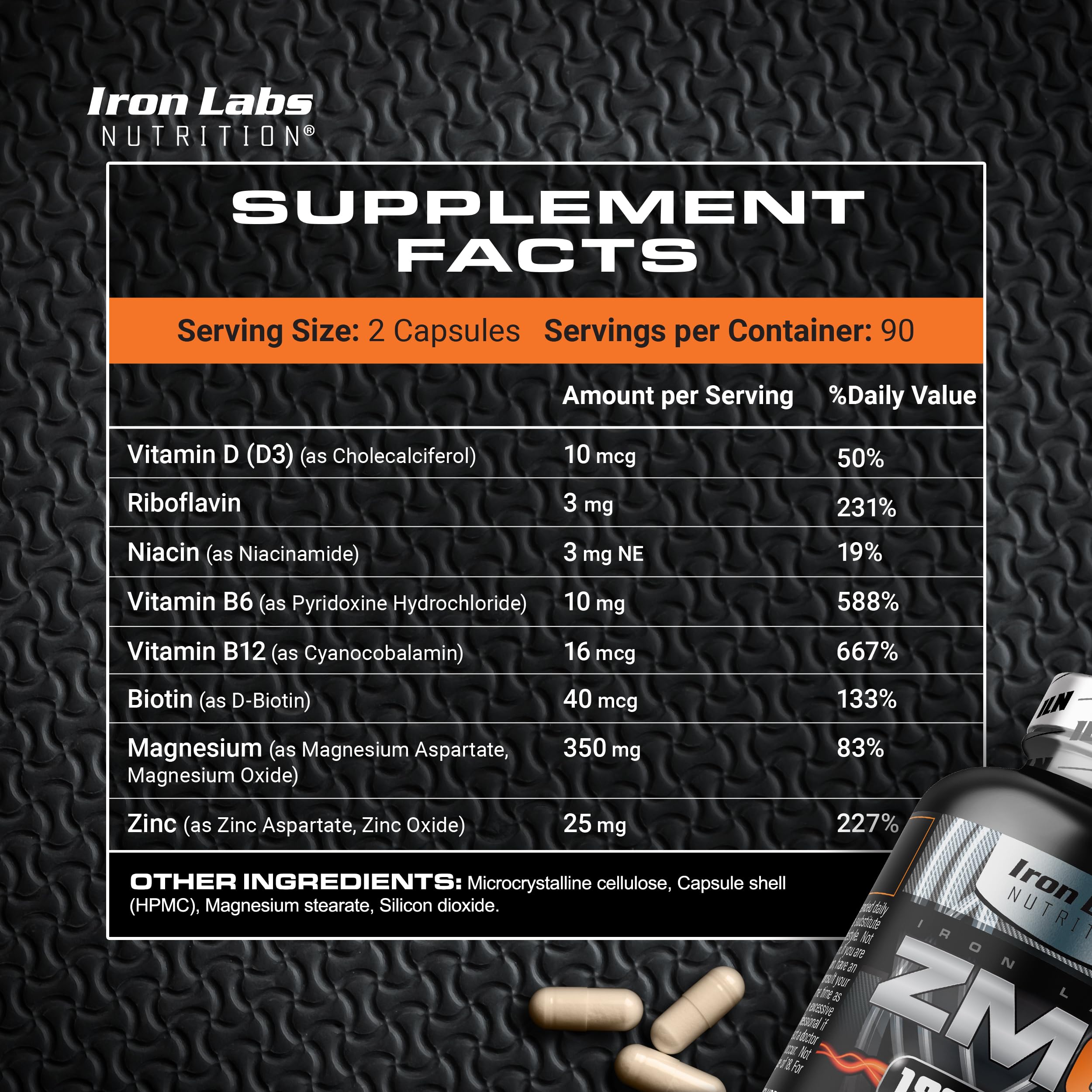 Iron Labs ZM6 detalle de etiqueta mostrando dosis y componentes