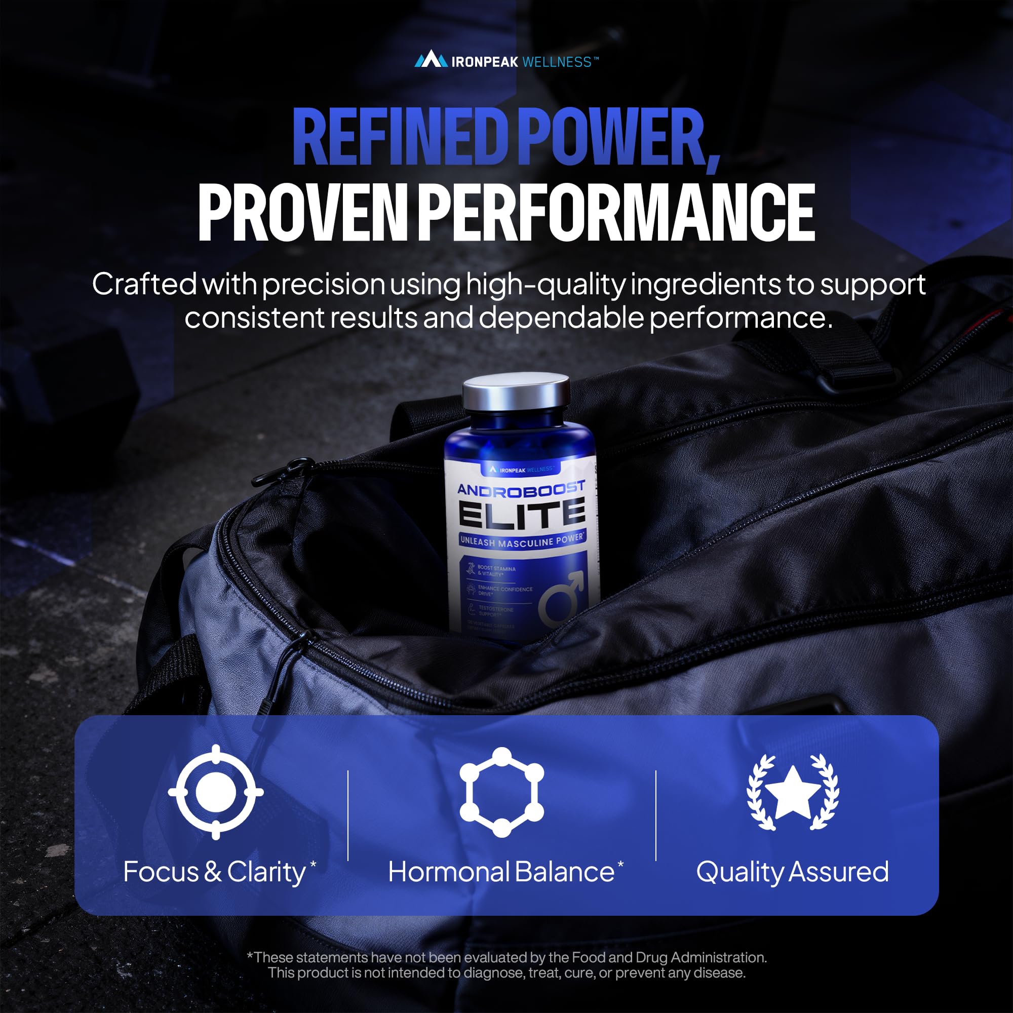 Ingredientes clave de IronPeak AndroBoost (Tongkat Ali, Ashwagandha, Tribulus) como enfoque de potencia