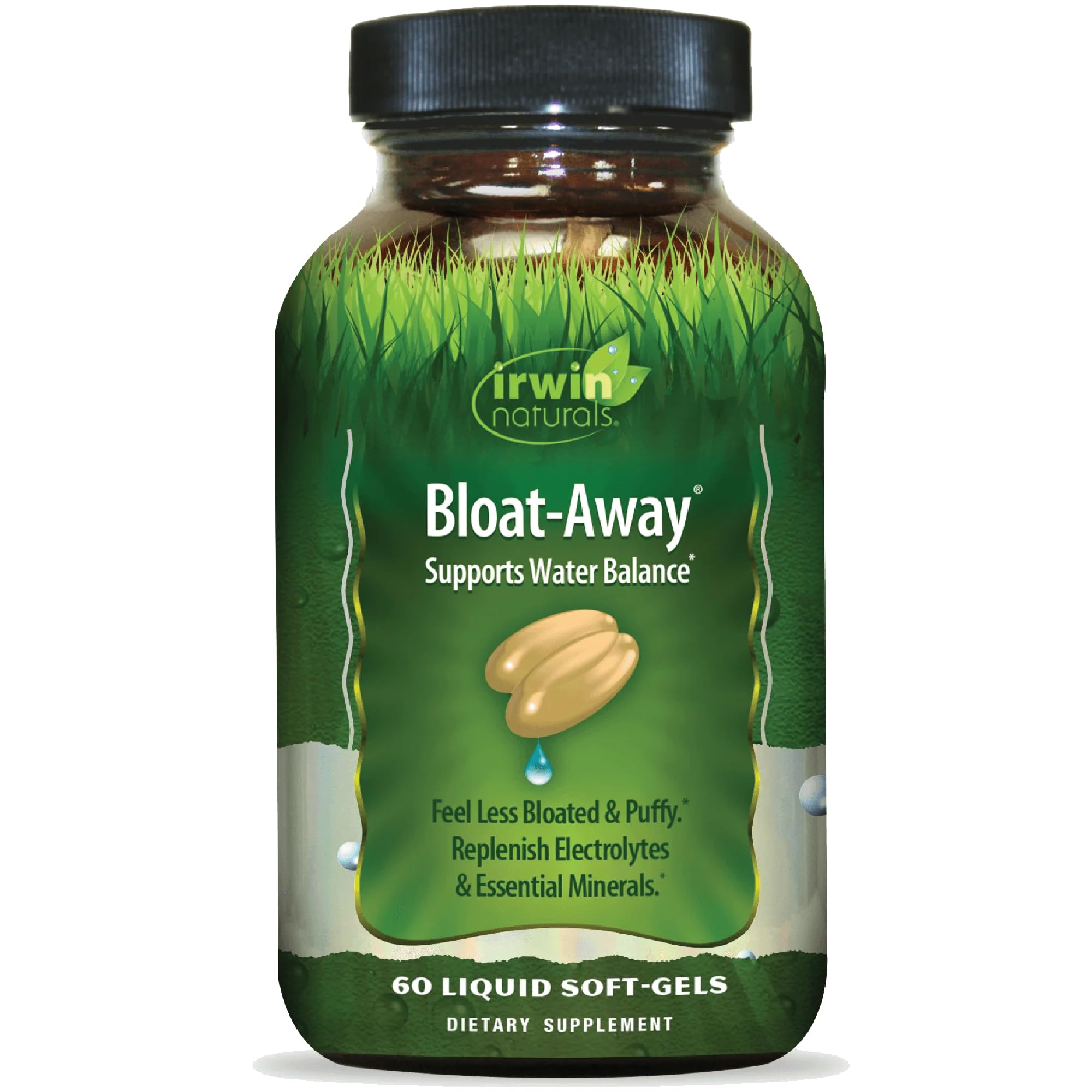 Irwin Naturals frasco frontal mostrando envase y beneficio de equilibrio hídrico