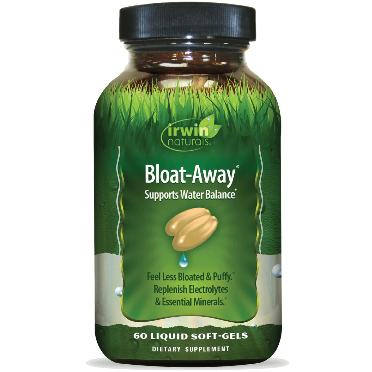 Irwin Naturals frasco frontal mostrando envase y beneficio de equilibrio hídrico
