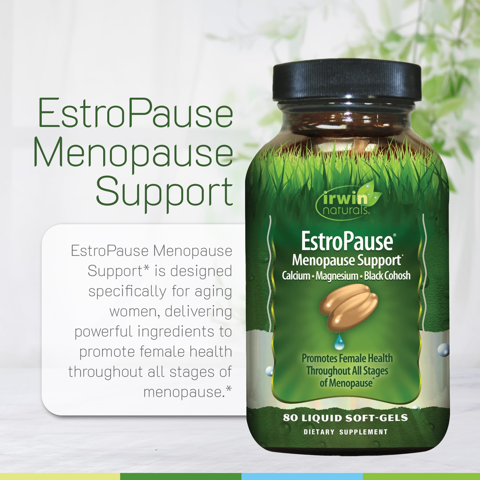 Irwin Naturals EstroPause etiqueta con lista de ingredientes y dosificación visible