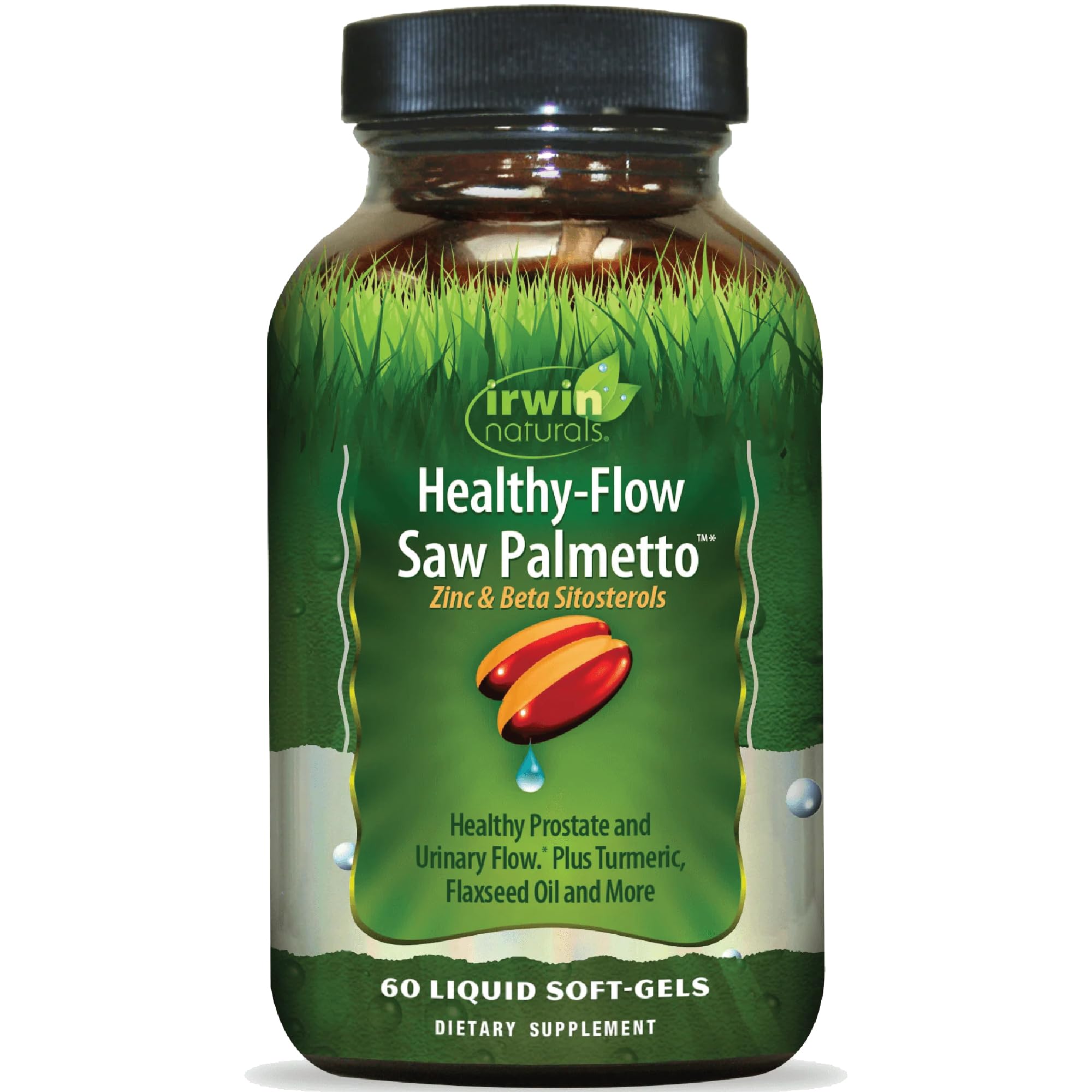 Irwin Naturals frasco frontal mostrando etiqueta y beneficio de soporte prostático