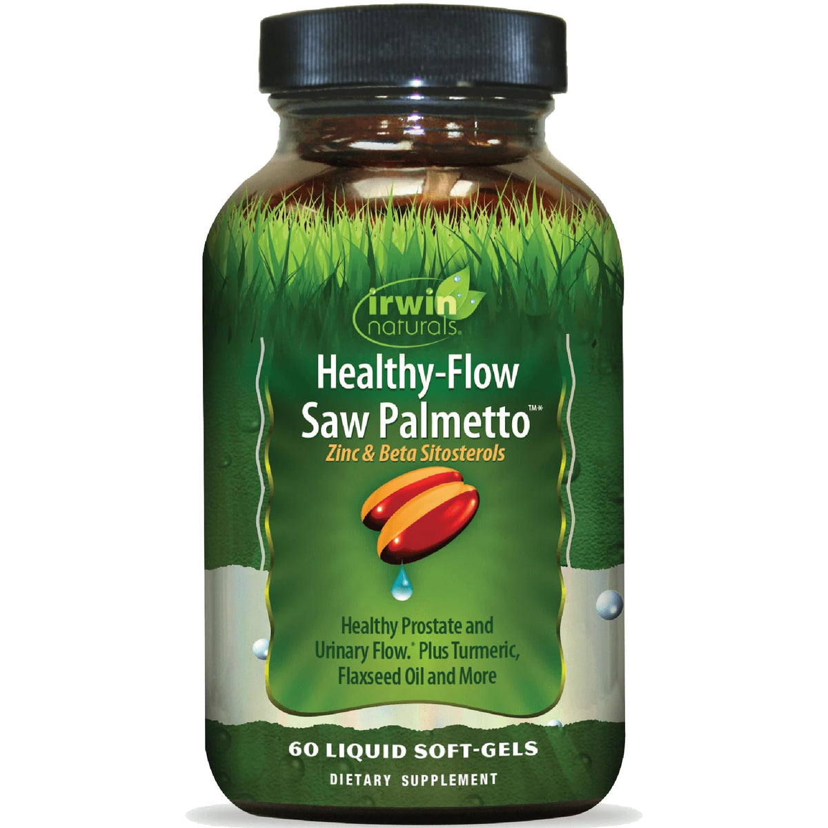 Irwin Naturals frasco frontal mostrando etiqueta y beneficio de soporte prostático
