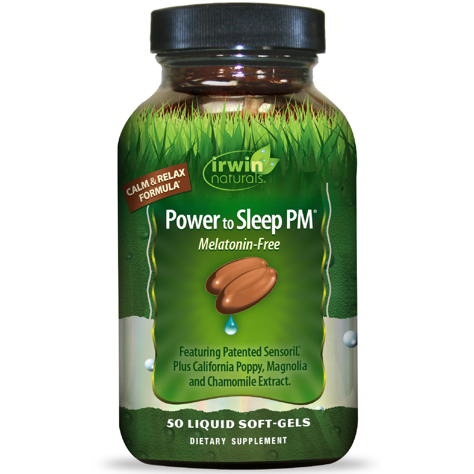Irwin Naturals frasco frontal mostrando 50 cápsulas blandas para apoyo nocturno y facilidad de uso
