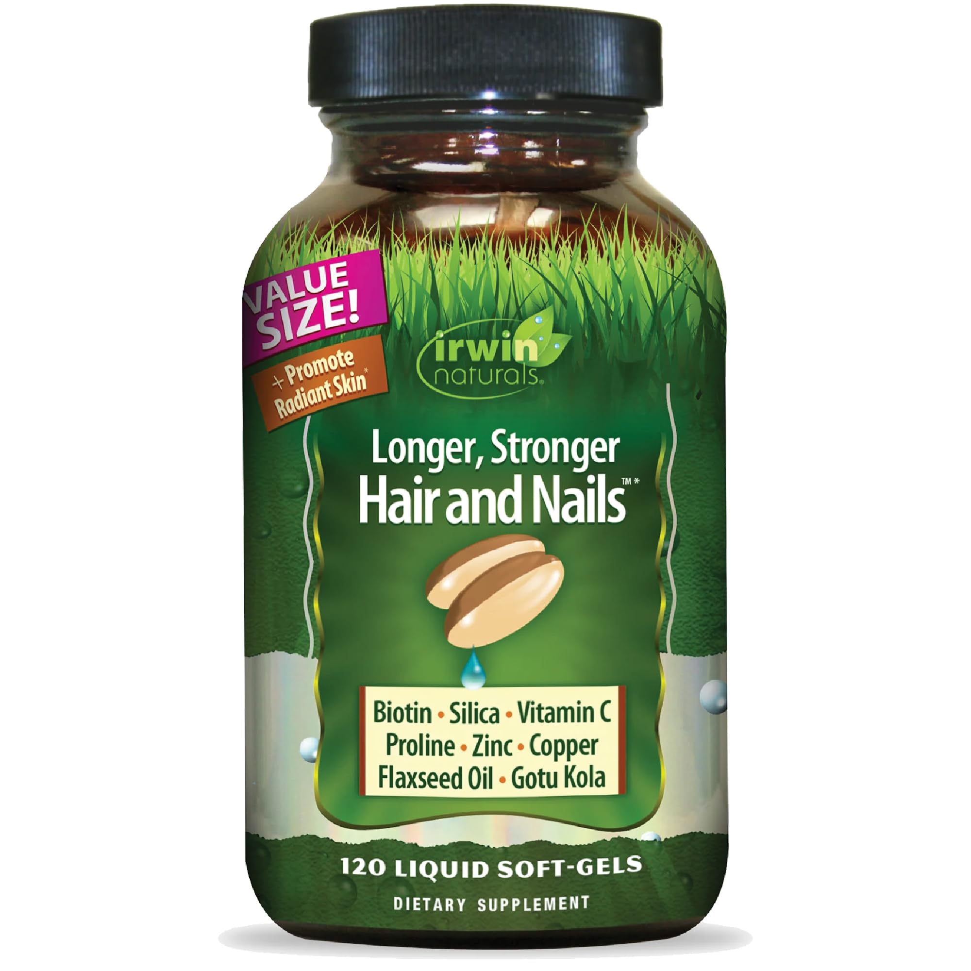 Irwin Naturals frente del empaque mostrando producto y beneficio estético