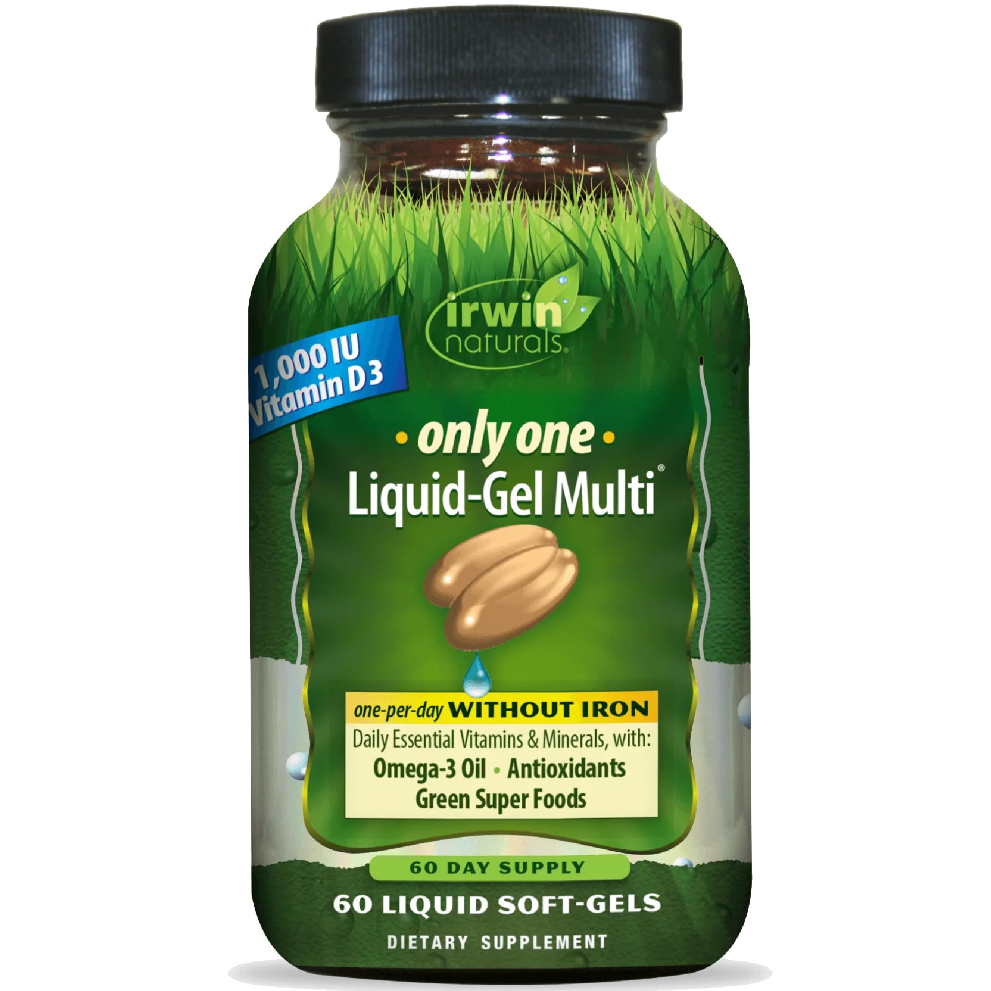 Irwin Naturals frente del empaque mostrando formato de 60 cápsulas y conveniencia