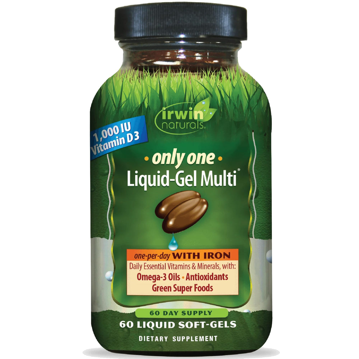 Irwin Naturals envase frontal mostrando conveniencia y dosis diaria