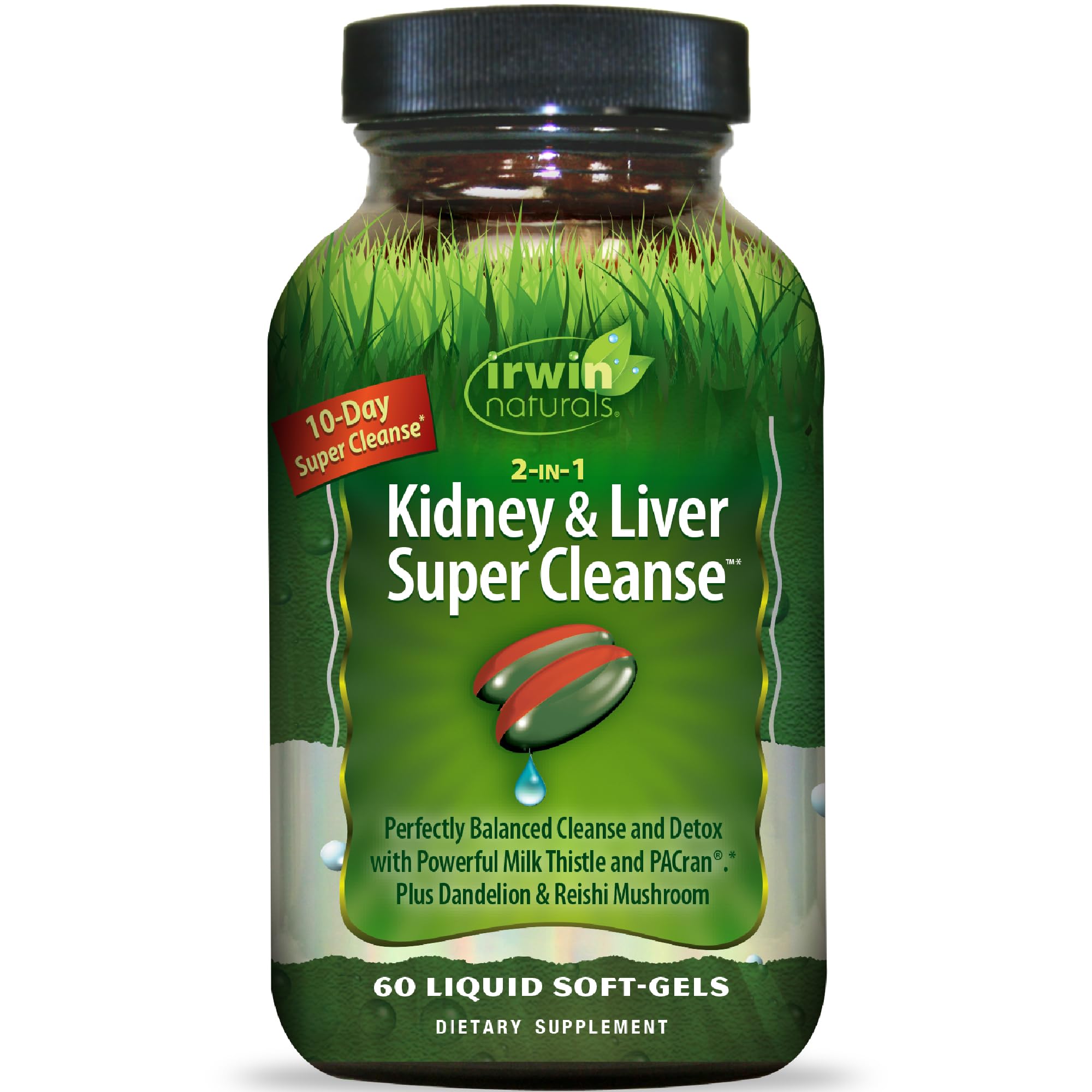 Irwin Naturals frente del envase mostrando 60 soft-gels y beneficios claros