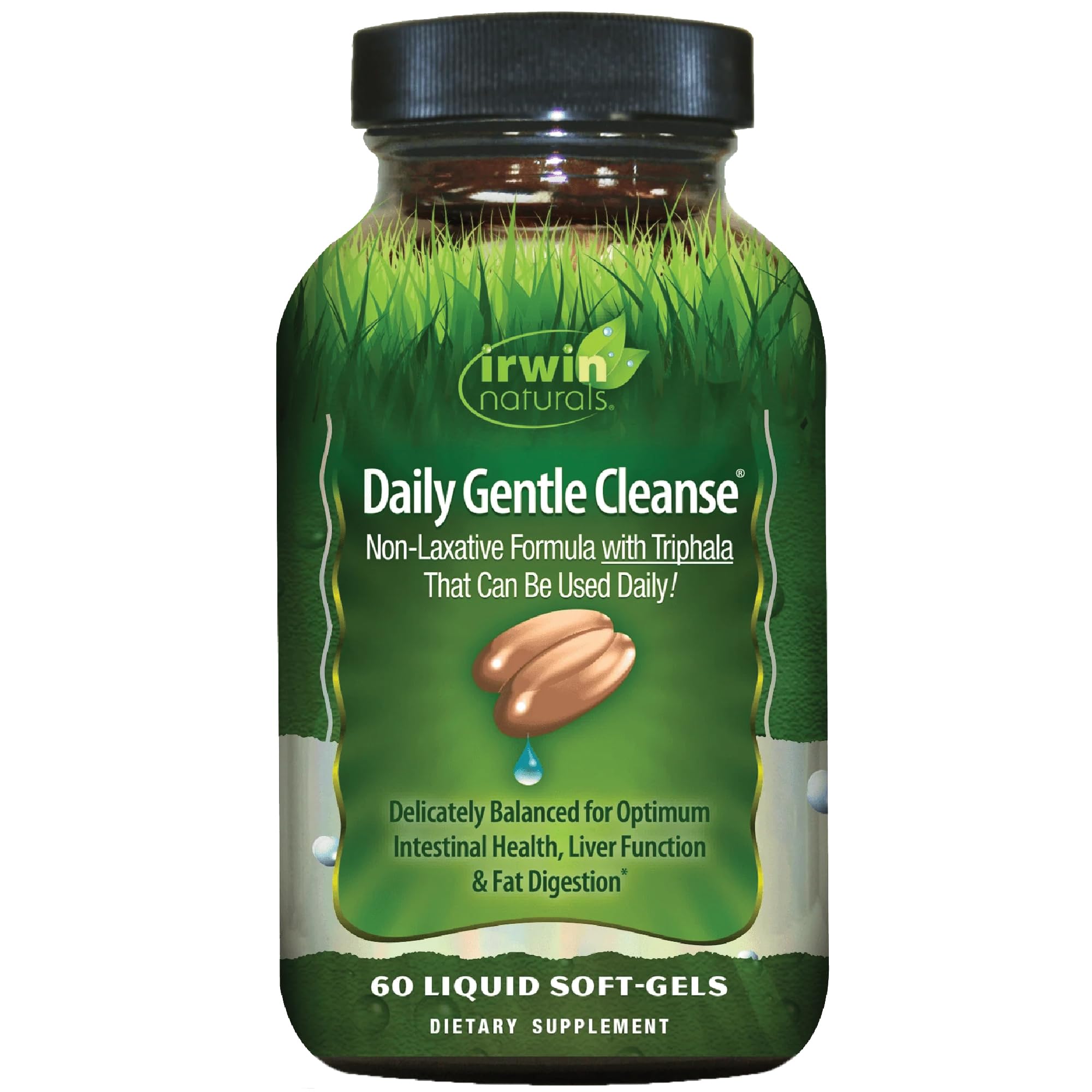 Irwin Naturals frente del envase mostrando 60 soft-gels y beneficio de limpieza diaria