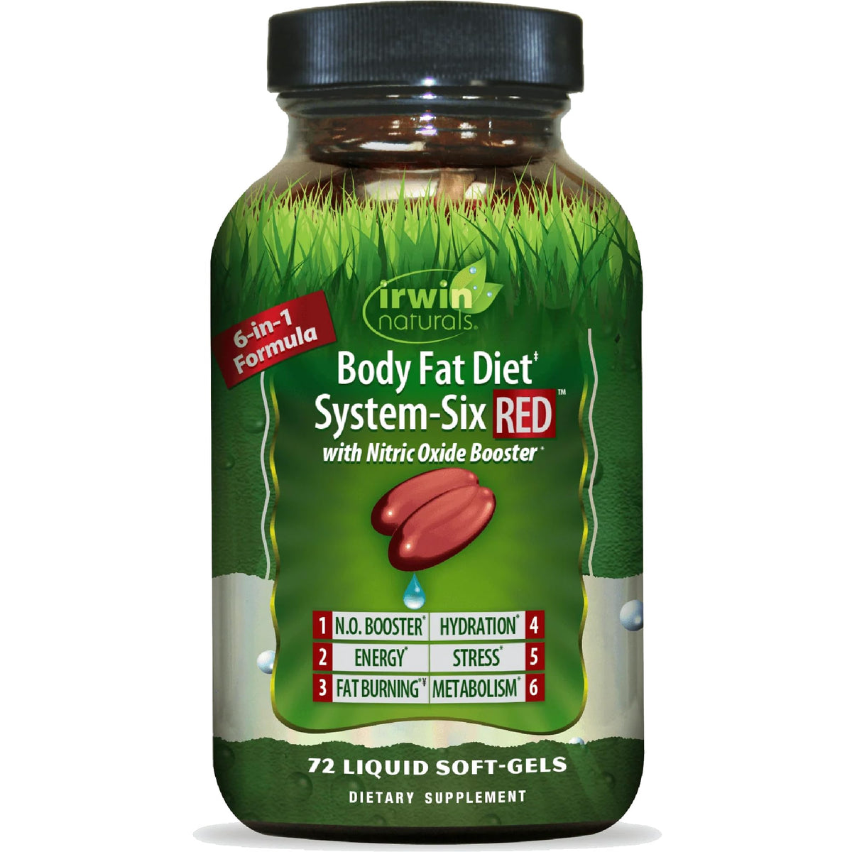 Irwin Naturals frontal del envase mostrando la fórmula 6 en 1 y beneficios rápidos