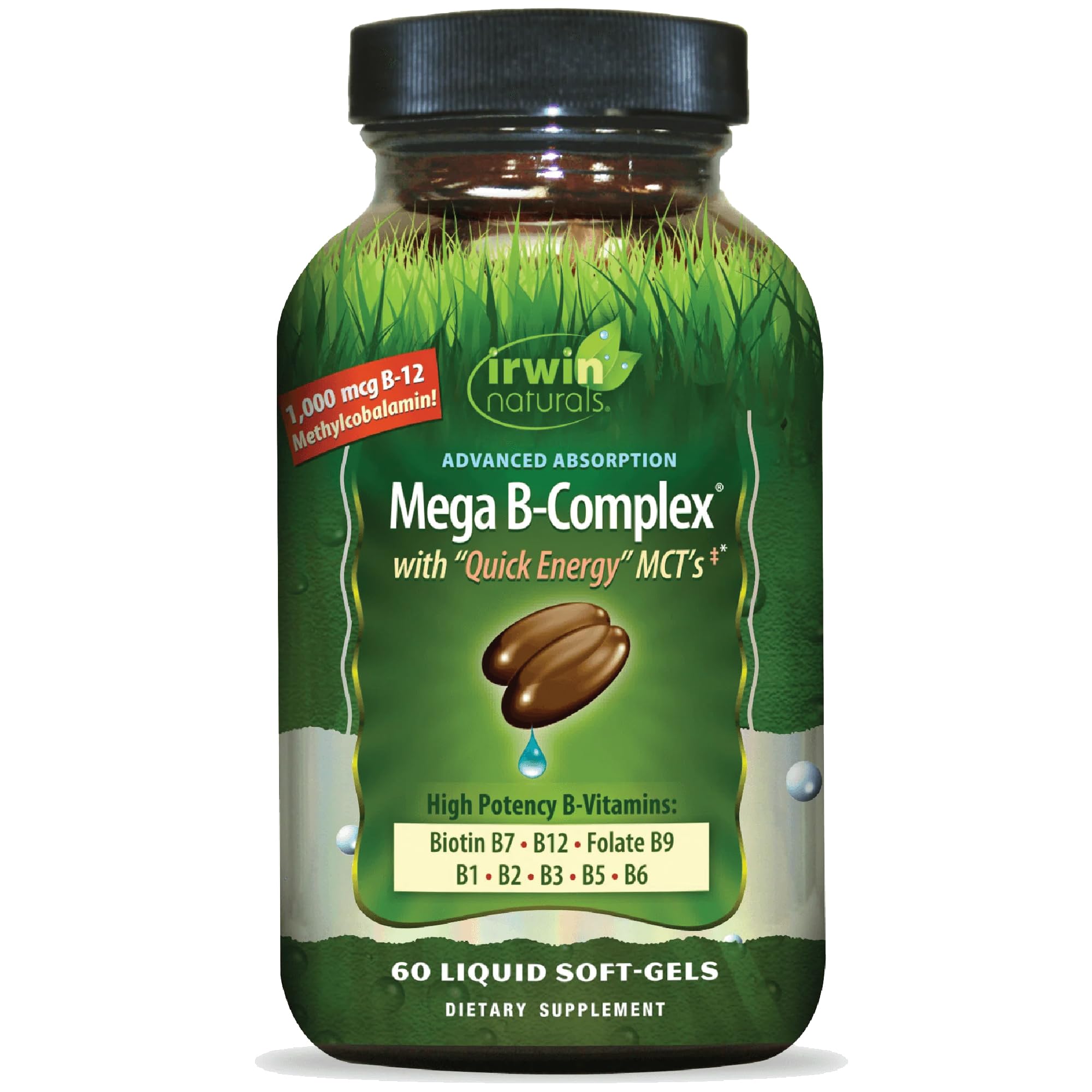 Irwin Naturals frontal del envase que destaca vitaminas B y MCT