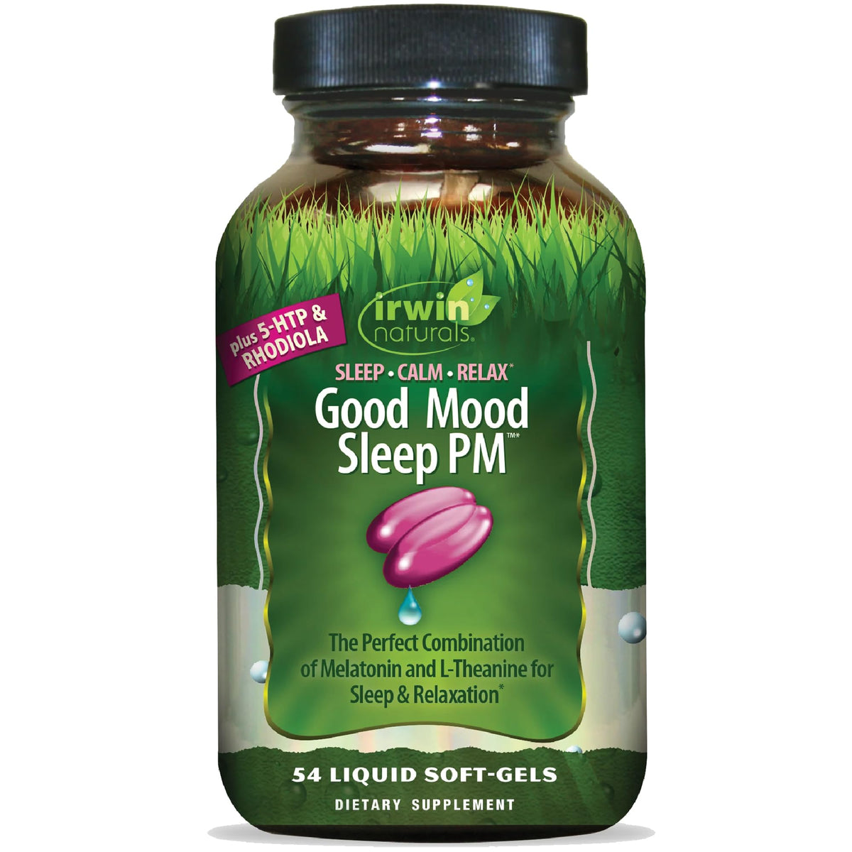 Irwin Naturals frasco frontal mostrando fórmula nocturna y ventaja relajante