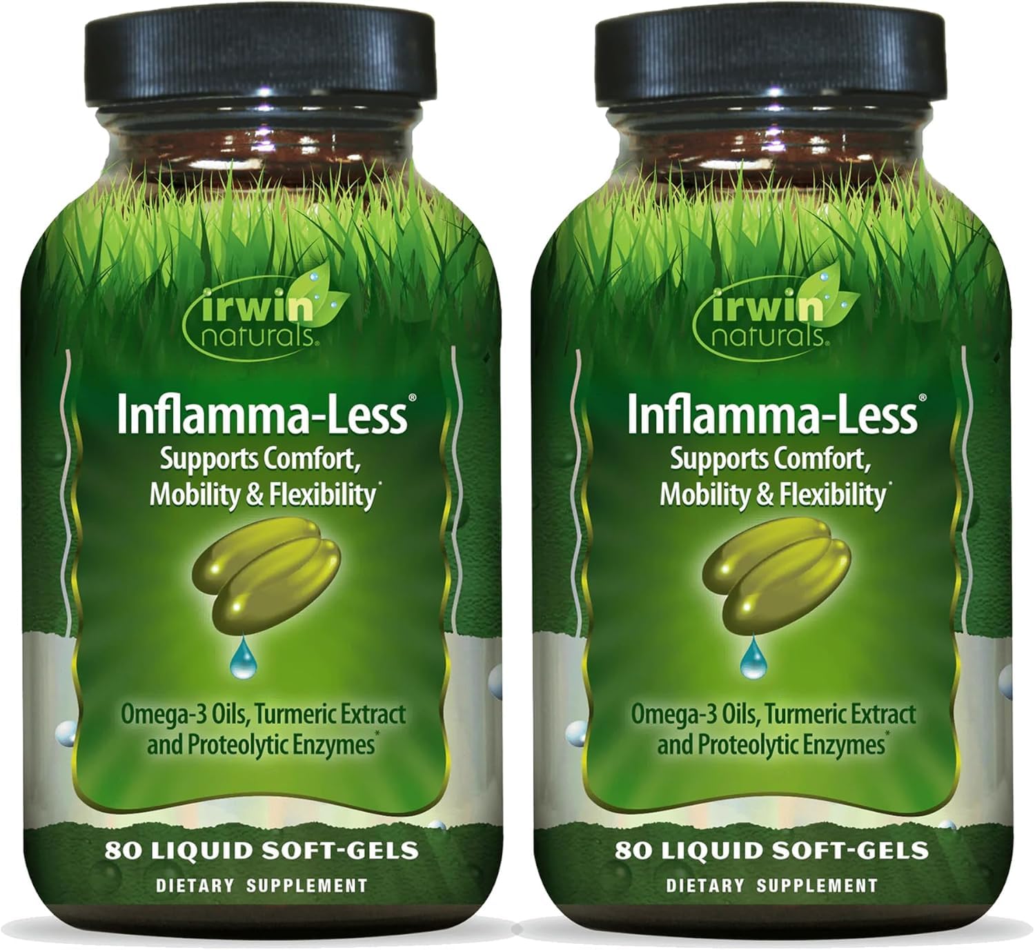 Irwin Naturals Inflamma-Less vista frontal con presentación clara y beneficios