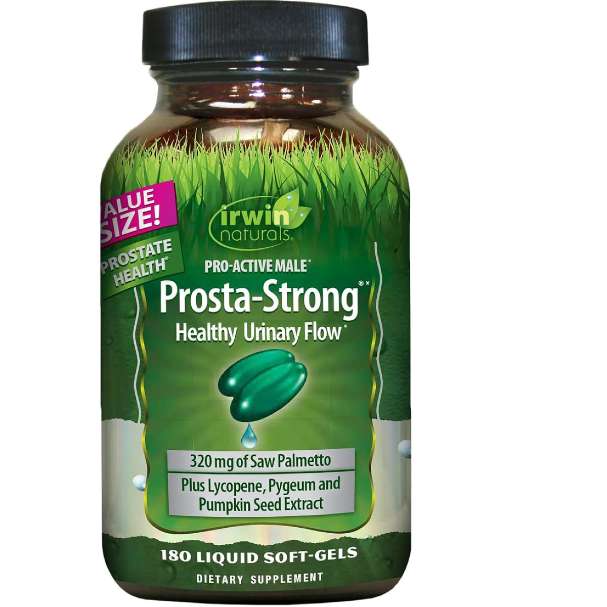 Irwin Naturals botella frontal mostrando fórmula Prosta-Strong y beneficios