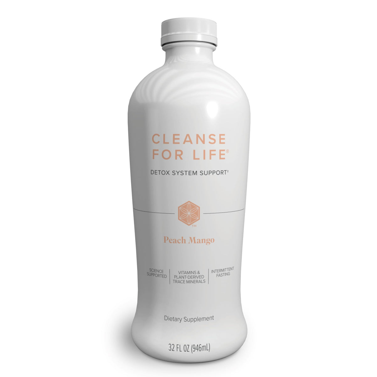 Isagenix envase frontal del Cleanse for Life mostrando marca y sabor durazno mango