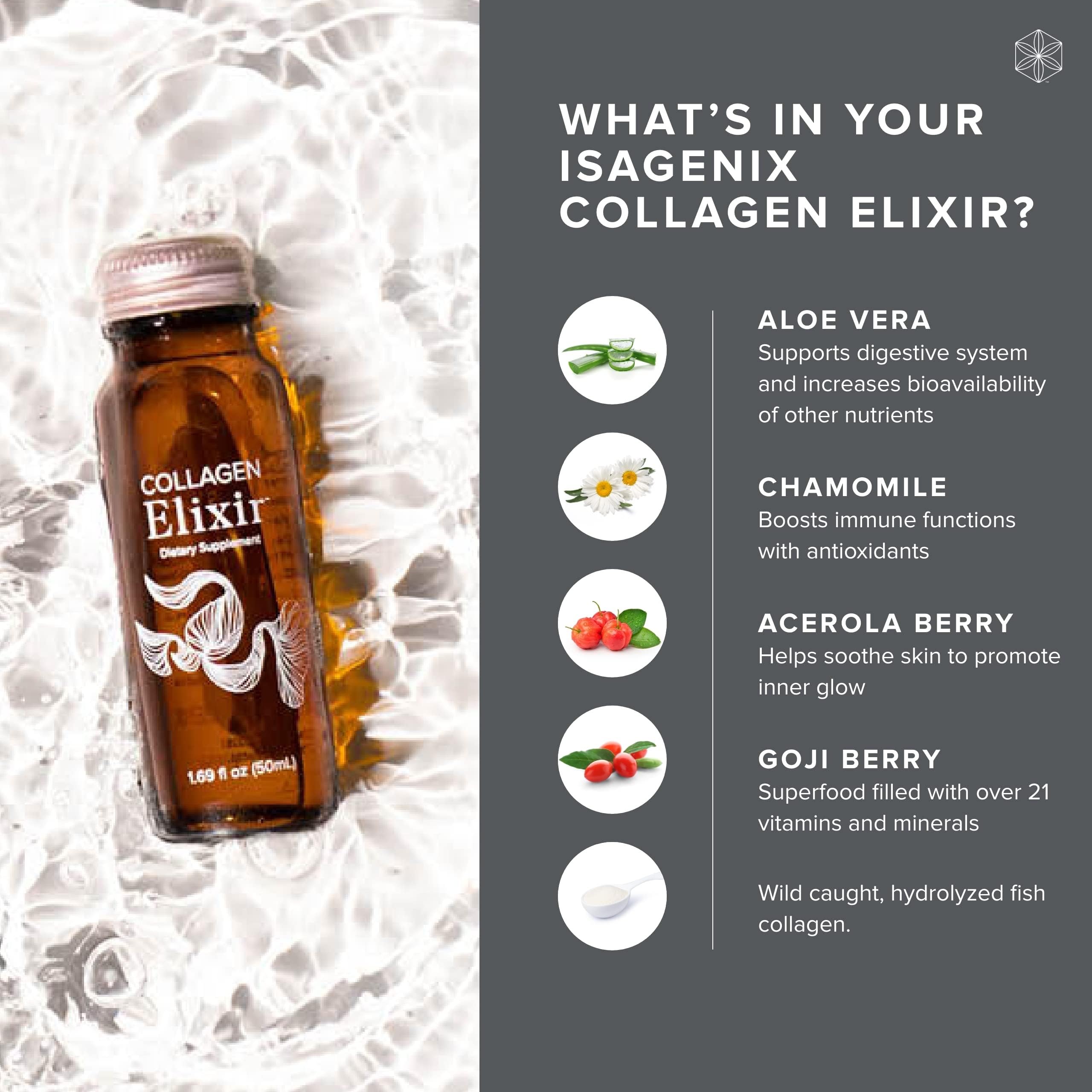 Isagenix Collagen Elixir detalle de textura y claridad del líquido beneficioso