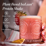 Escena de desayuno con Isagenix IsaLean fresa en mesa, sugiere conveniencia y nutrición diaria