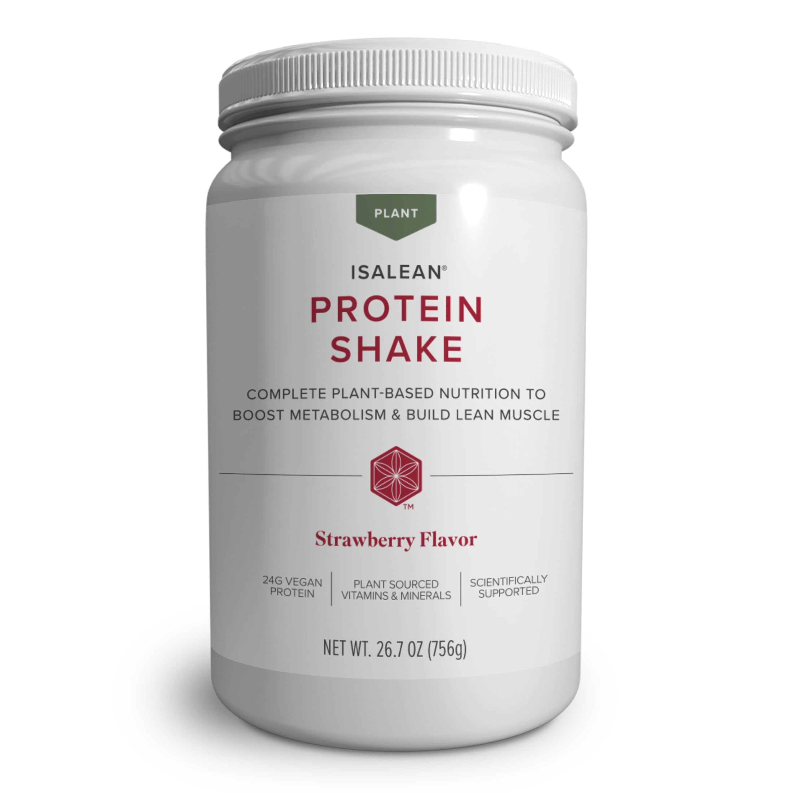 Isagenix IsaLean empaque frontal mostrando etiqueta y sabor fresa, destaca ingredientes limpios