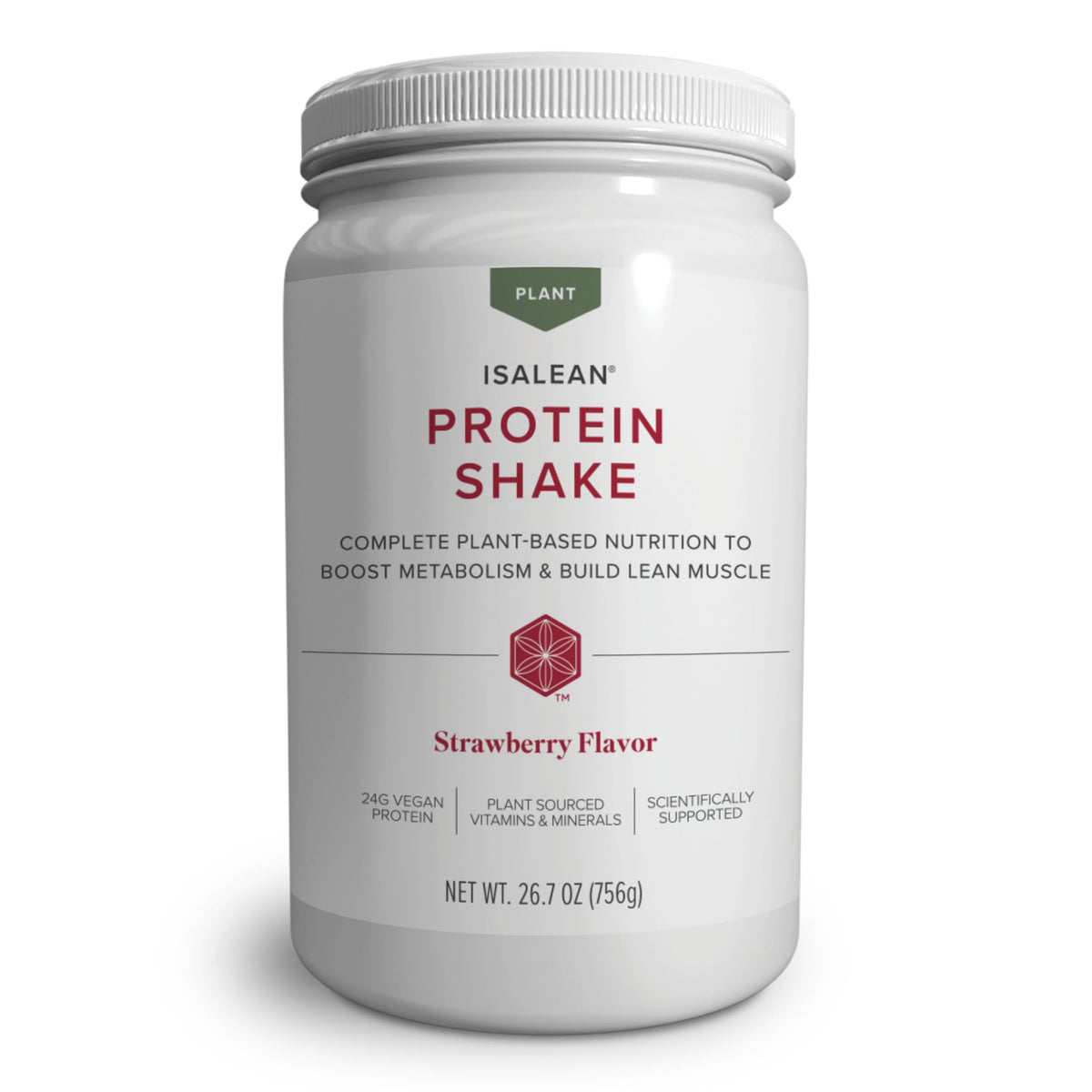 Isagenix IsaLean empaque frontal mostrando etiqueta y sabor fresa, destaca ingredientes limpios