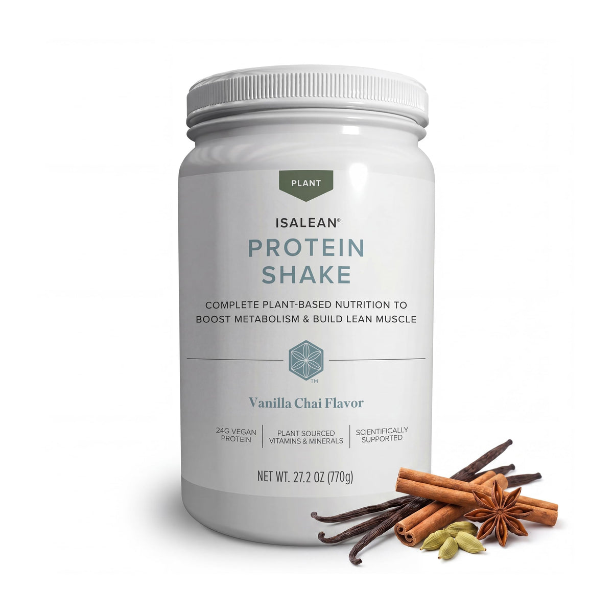 Isagenix envase IsaLean Protein Vainilla Chai mostrando etiqueta y beneficios