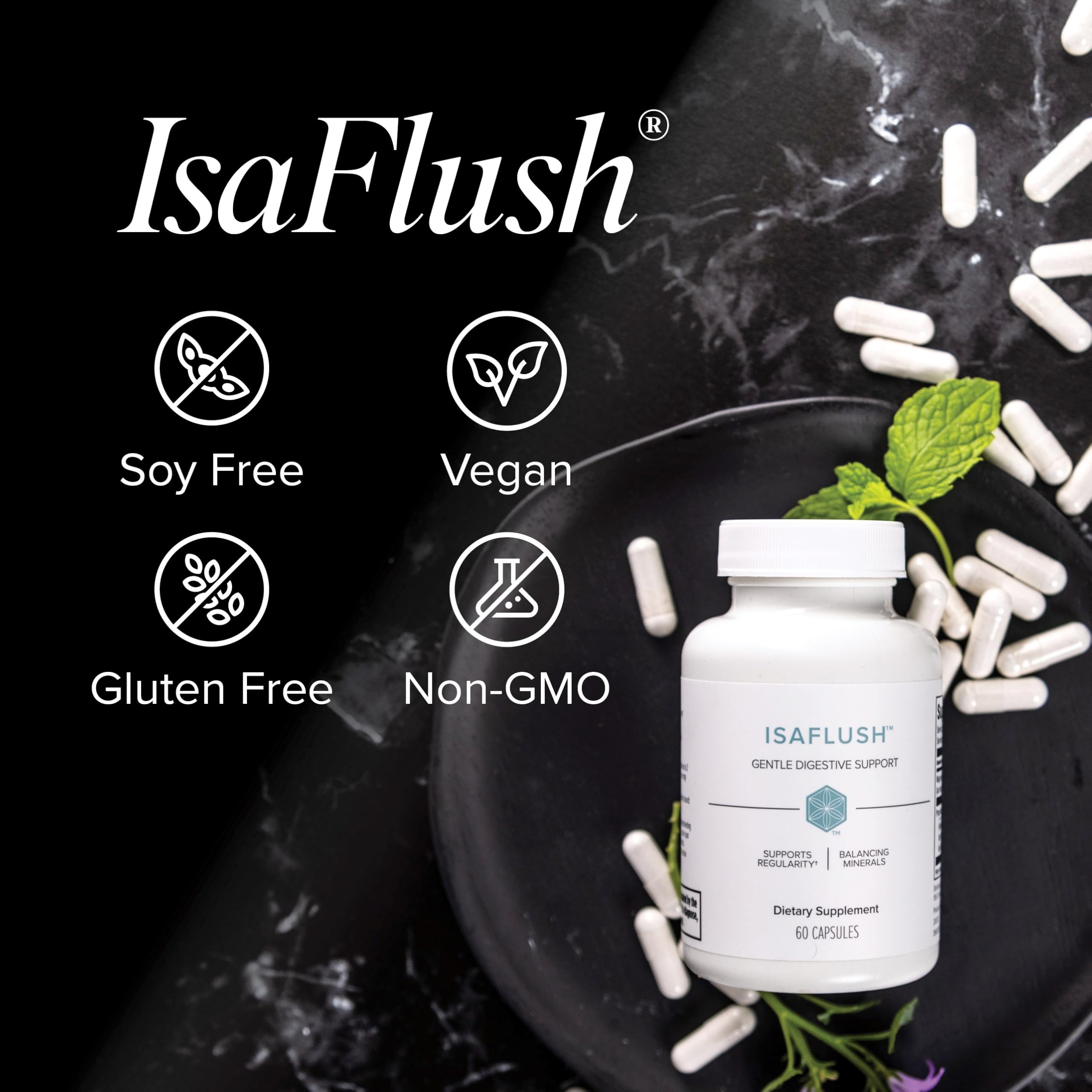 Isagenix IsaFlush frasco junto a reloj en mesita para uso nocturno cómodo