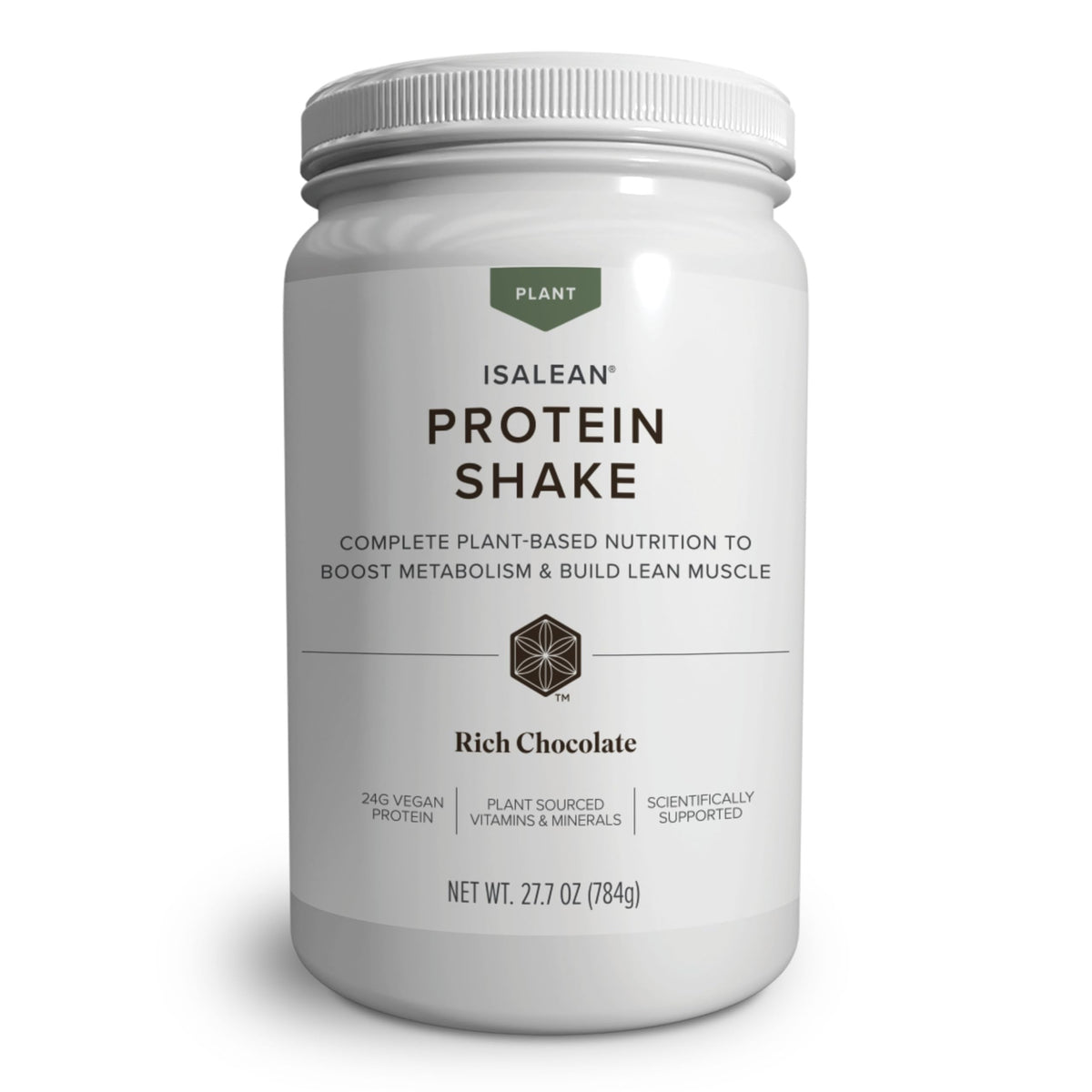 Isagenix envase IsaLean Plant-Based vista frontal mostrando beneficios