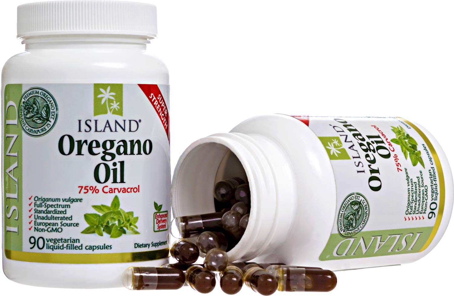 Island Nutrition envase junto a hojas de orégano simbolizando origen español