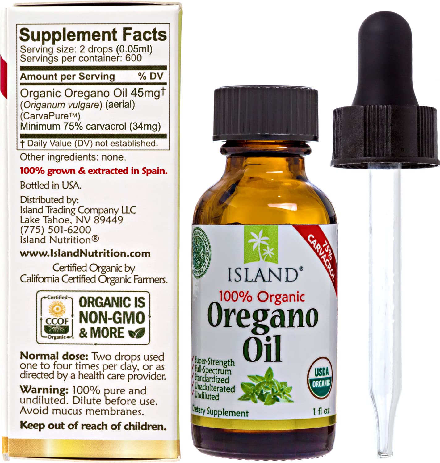 Island Nutrition botella con aceite y cuentagotas mostrando uso versátil