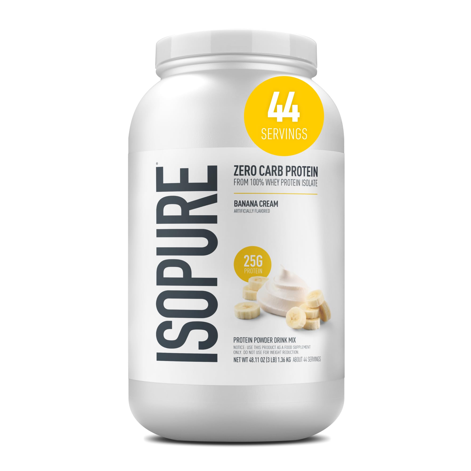 Isopure envase frontal Banana Cream mostrando la marca y sabor beneficioso