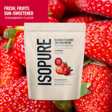 Vaso con batido Isopure fresa presentado listo para beber y añadir proteína