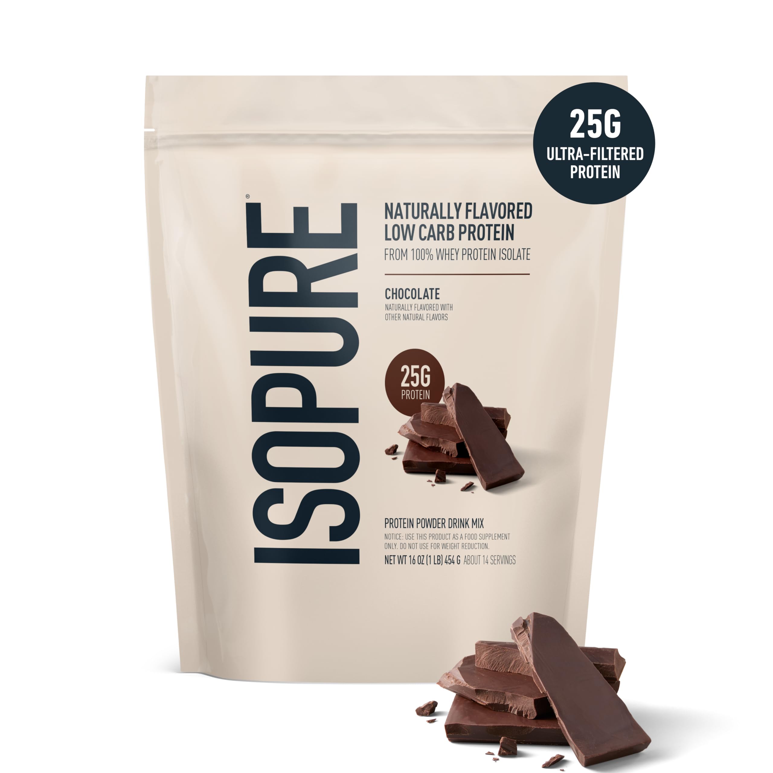 Isopure bolsa abierta con polvo mostrando textura fina y fácil disolución