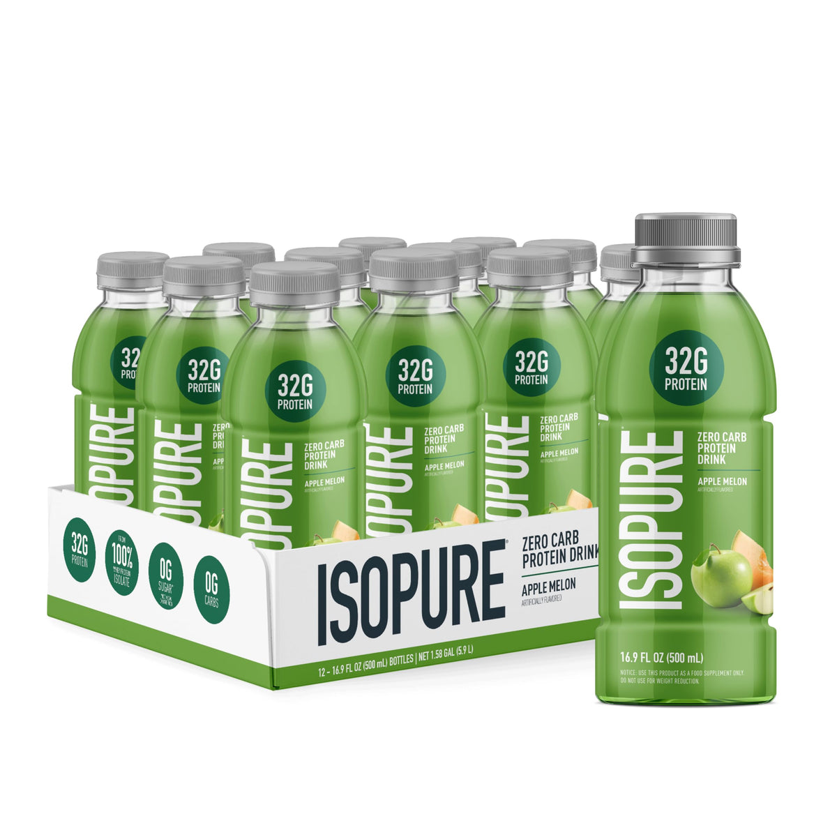 Isopure botella frente Apple Melon mostrando etiqueta y beneficio proteína clara