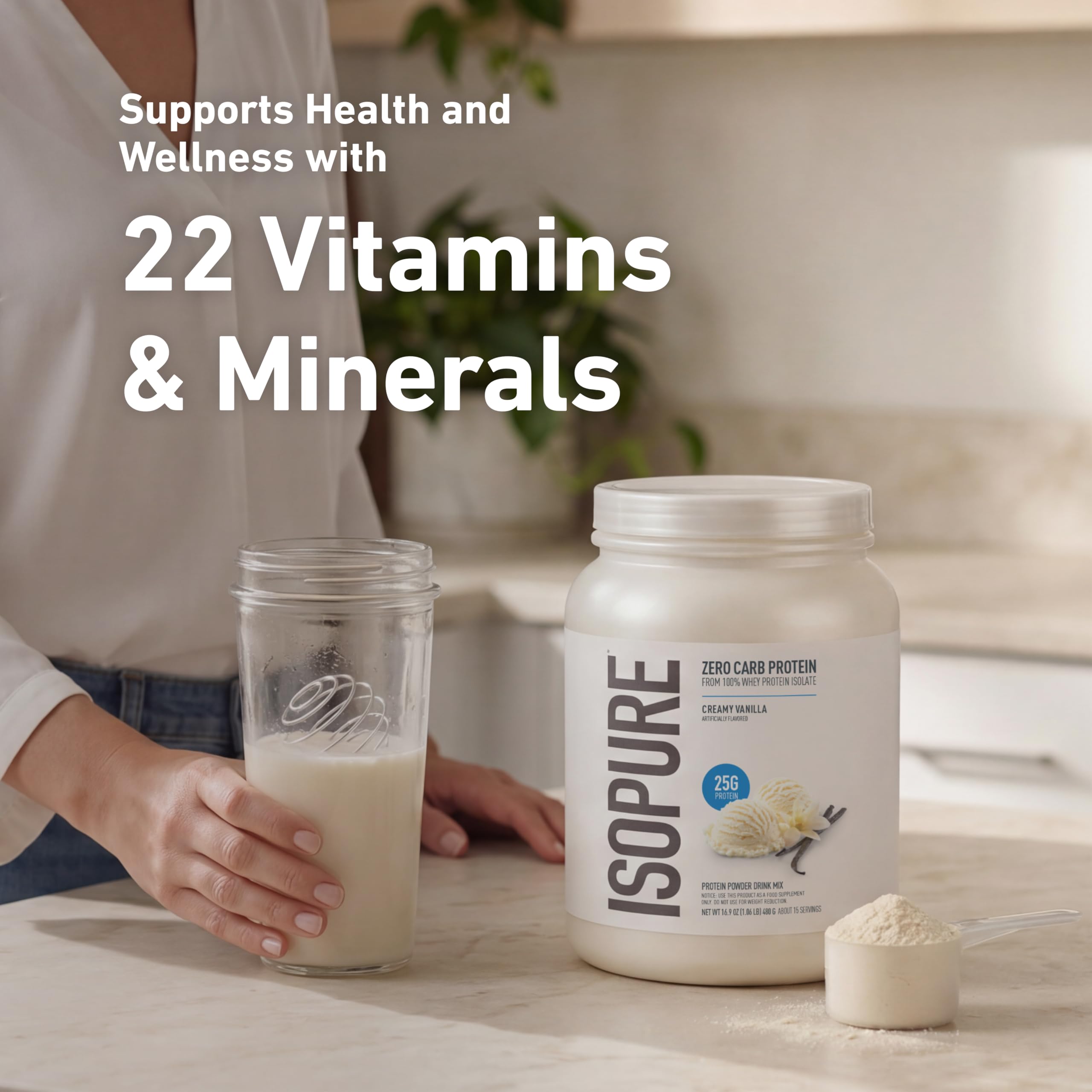 Envase de 1 lb de Isopure junto a una regla para comparar tamaño y porciones