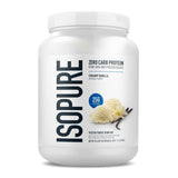 Etiqueta de Isopure mostrando tabla nutricional, vitaminas y cero carbohidratos