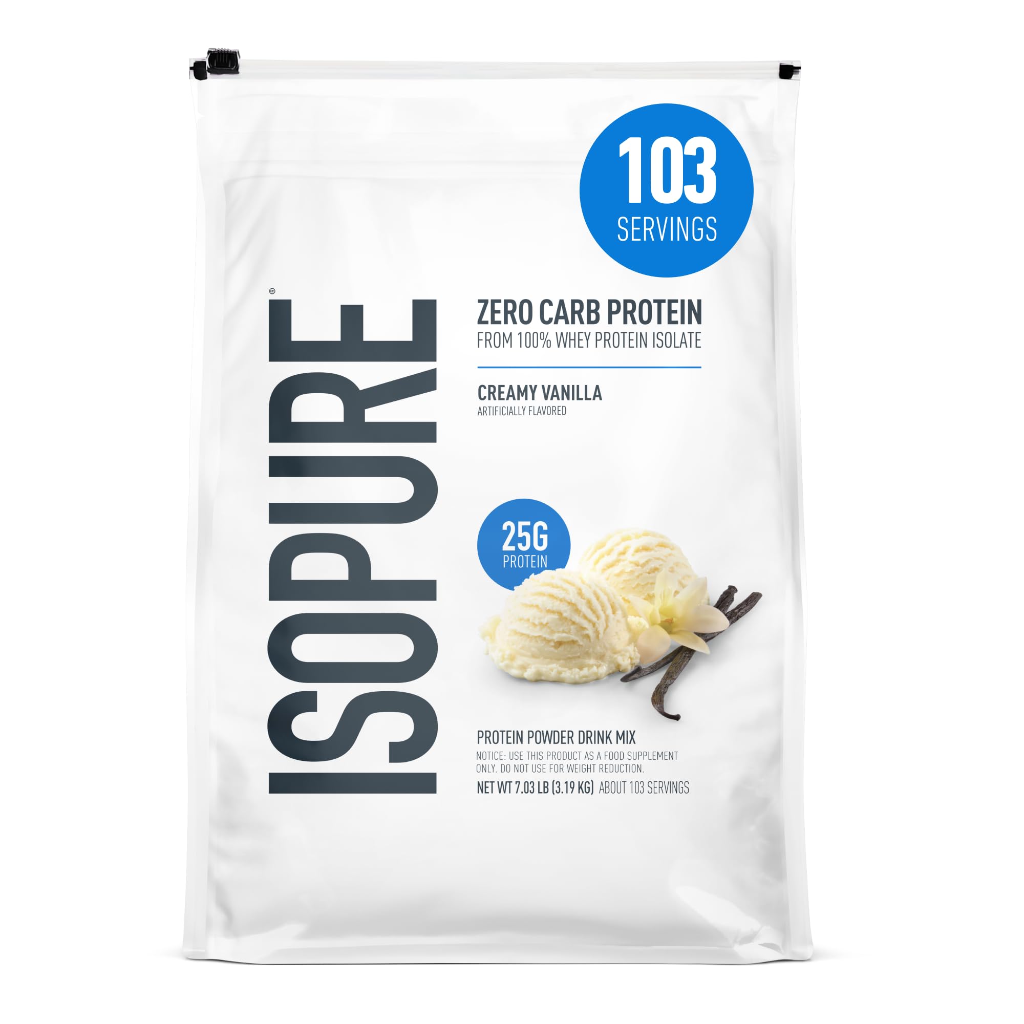 Isopure envase crema vainilla mostrando diseño y beneficio proteico