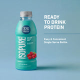 Isopure etiqueta nutricional en primer plano mostrando 32 g proteína y cero azúcar