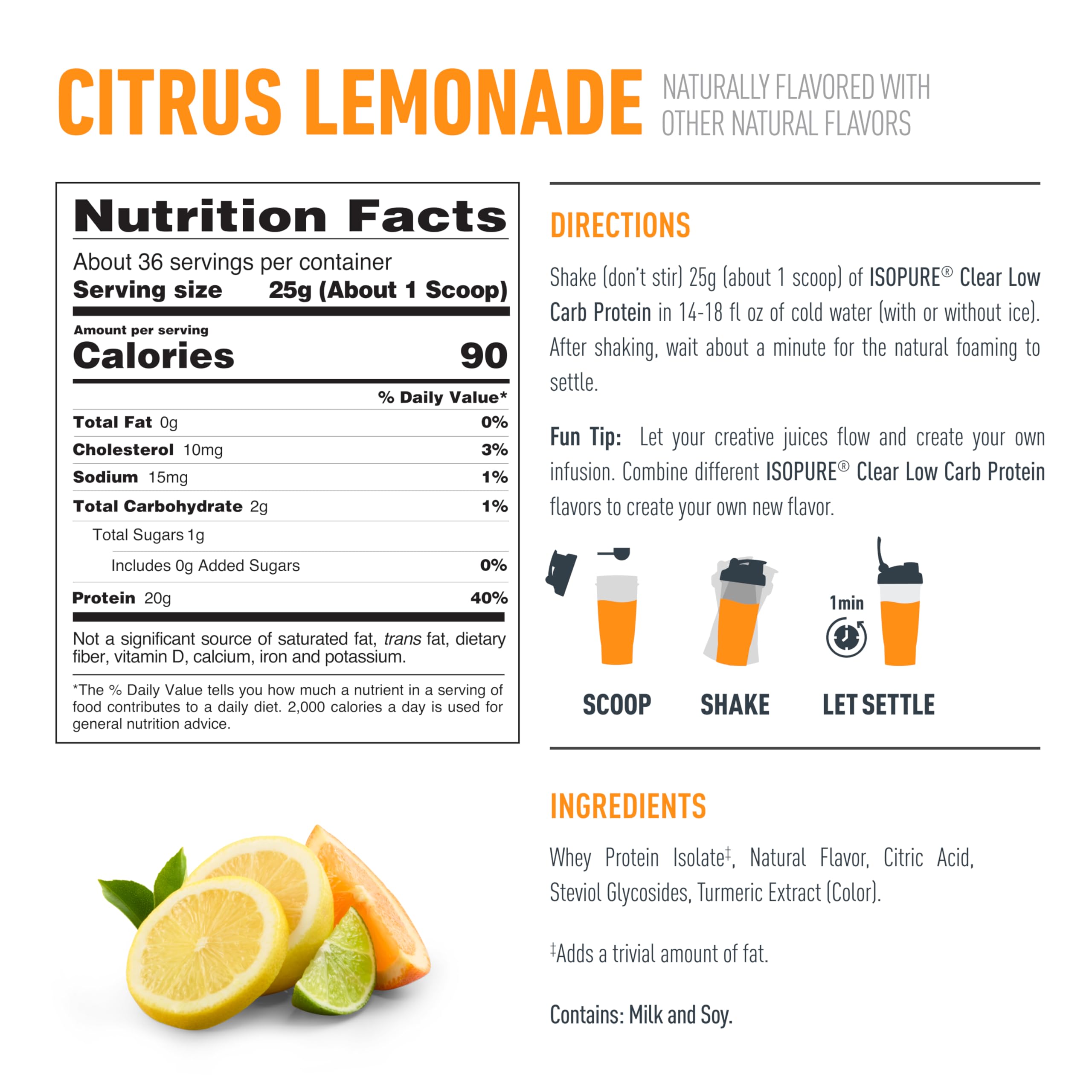 Isopure primer plano del color limonada mostrando sabor cítrico refrescante