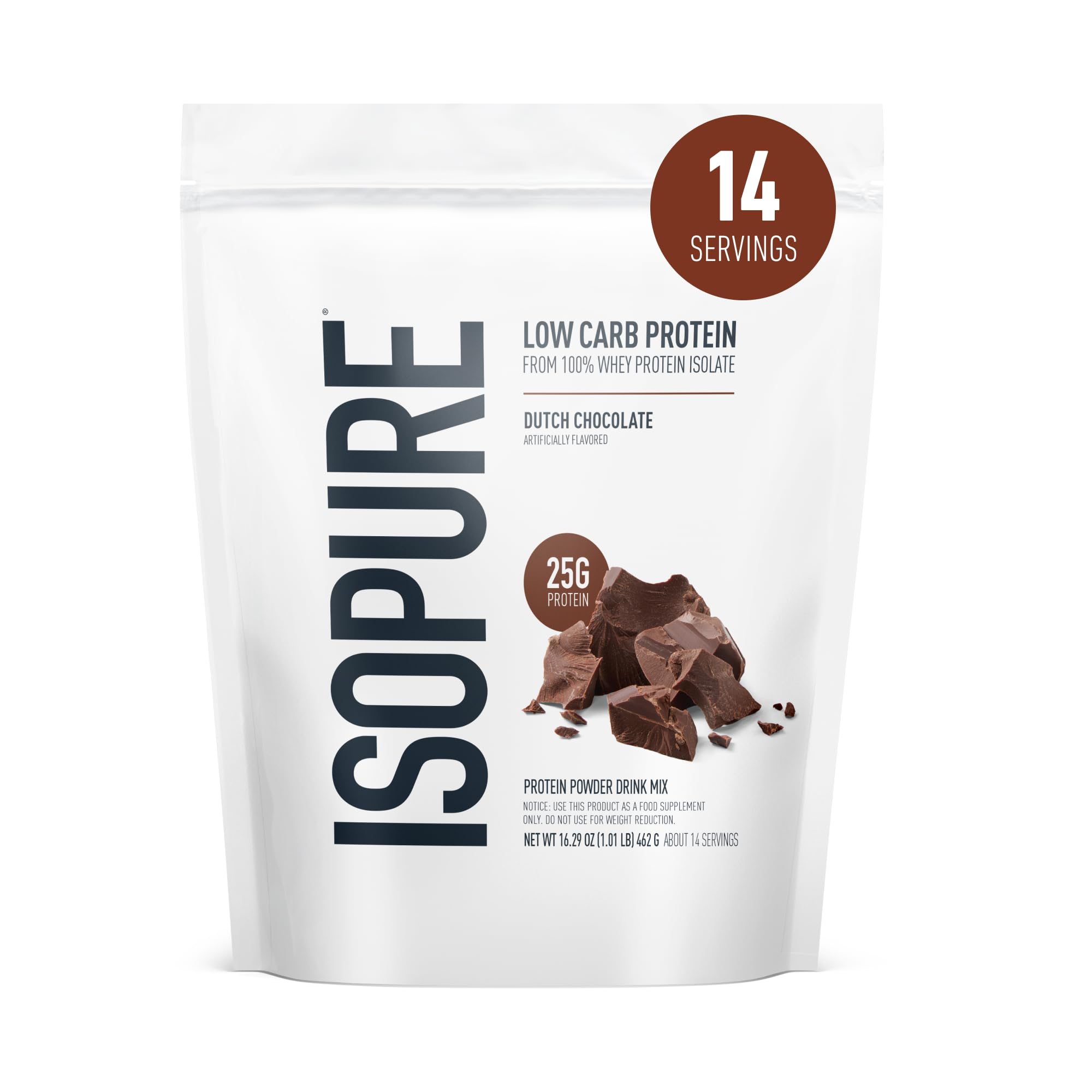 Isopure envase frontal Dutch Chocolate mostrando diseño atractivo y conveniencia