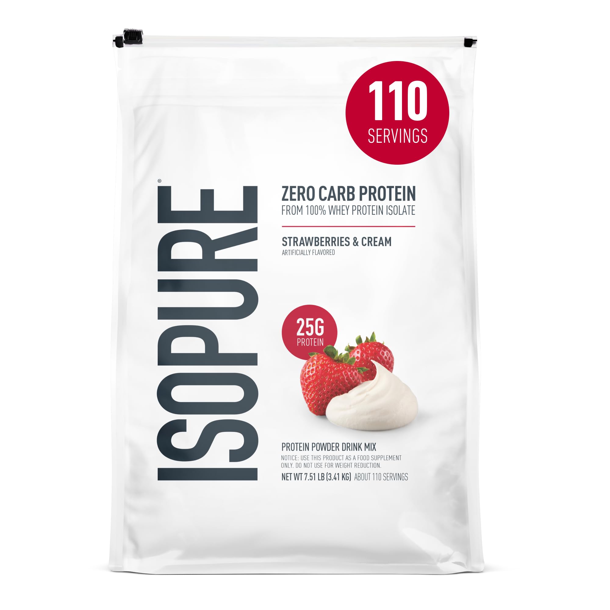Isopure envase frontal Fresas & Crema mostrando tamaño y marca