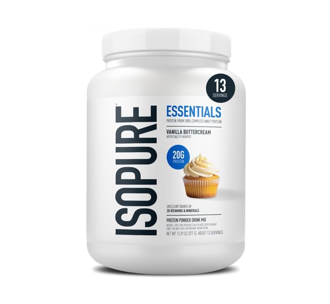 Isopure Essentials cerca de vainilla y ingredientes naturales insinúa sabor y calidad