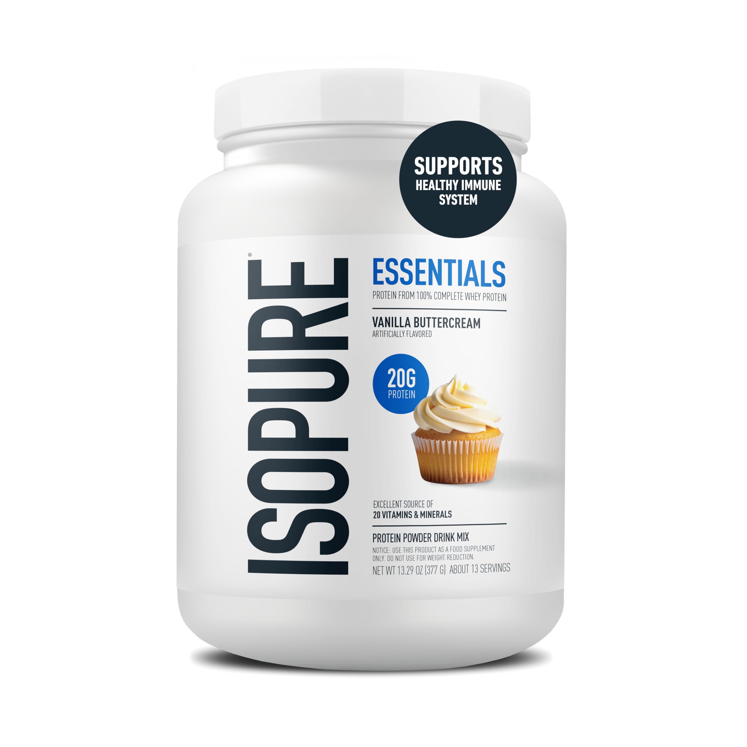 Isopure Essentials frontal mostrando envase y sabor Vainilla Buttercream beneficios proteína