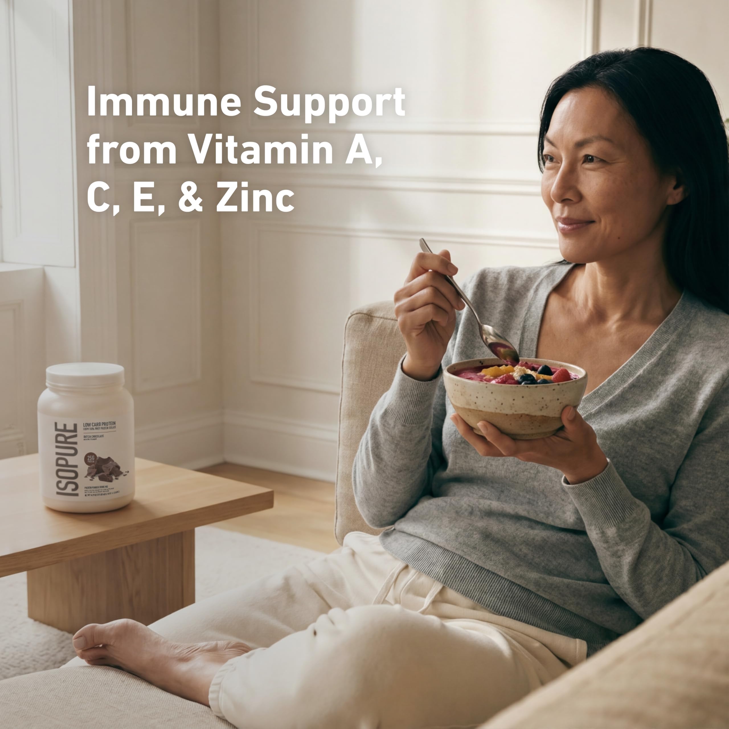 Etiqueta Isopure con lista de ingredientes y beneficios de vitaminas