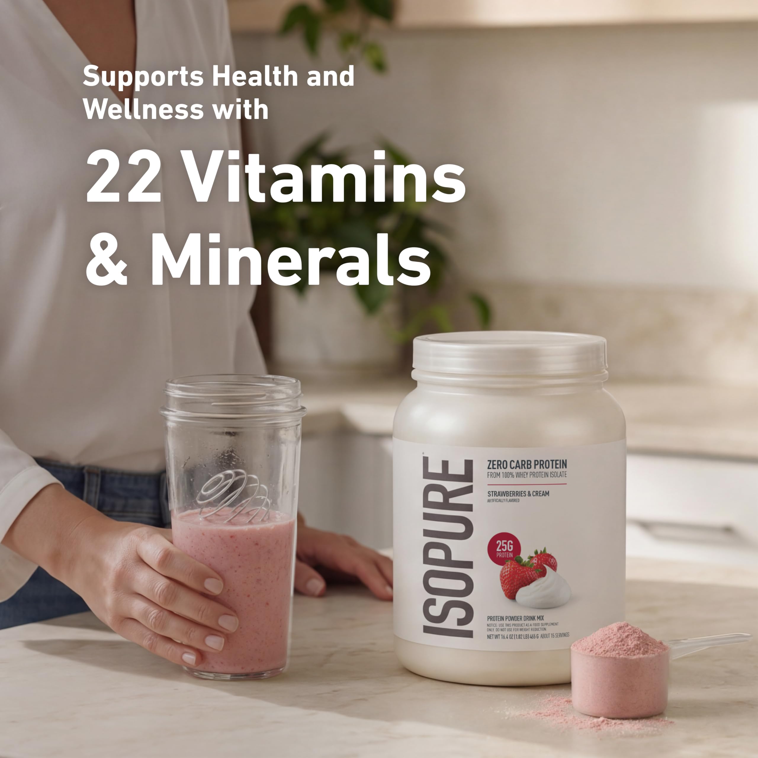 Isopure etiqueta nutricional visible con vitaminas y 25 g de proteína