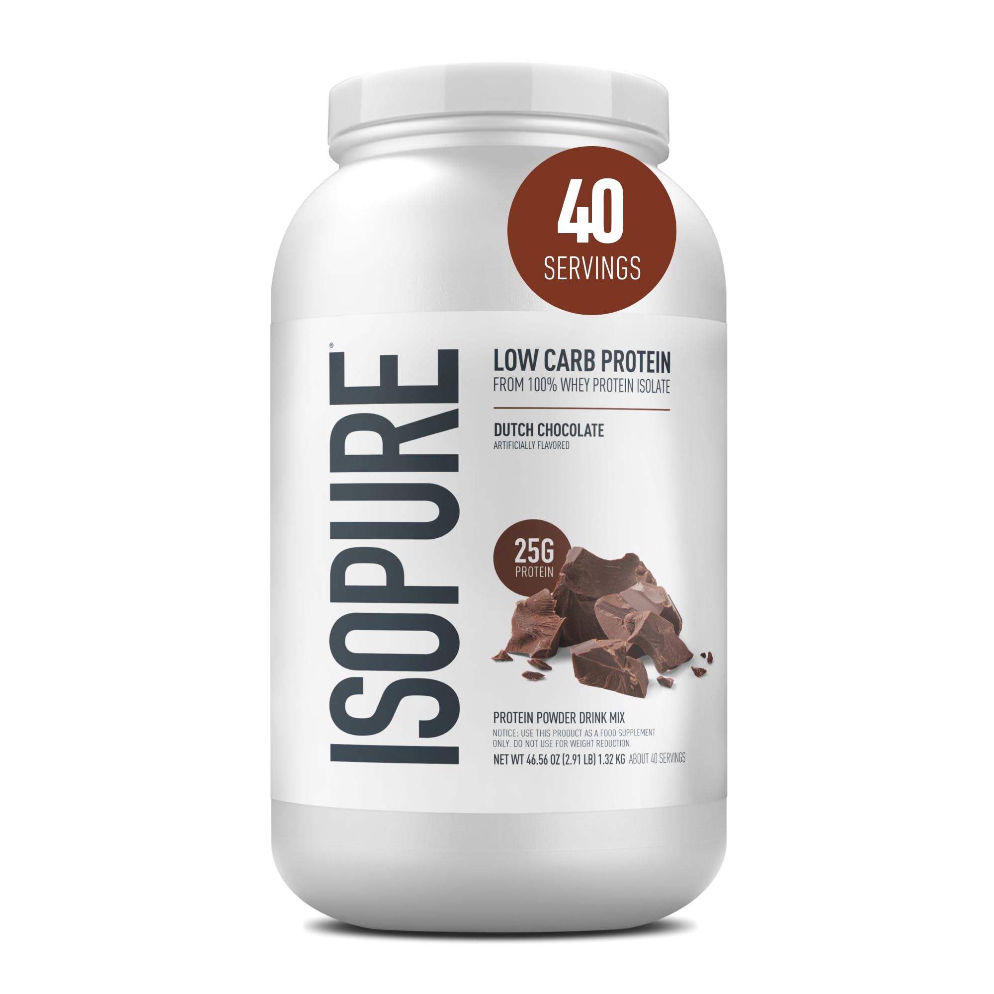 Isopure envase frontal Dutch Chocolate mostrando 25 g proteína y 0 g azúcar