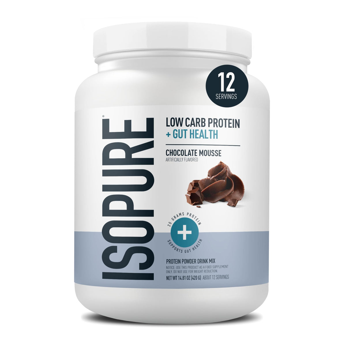 Isopure envase frontal Chocolate Mousse mostrando beneficio de proteína limpia