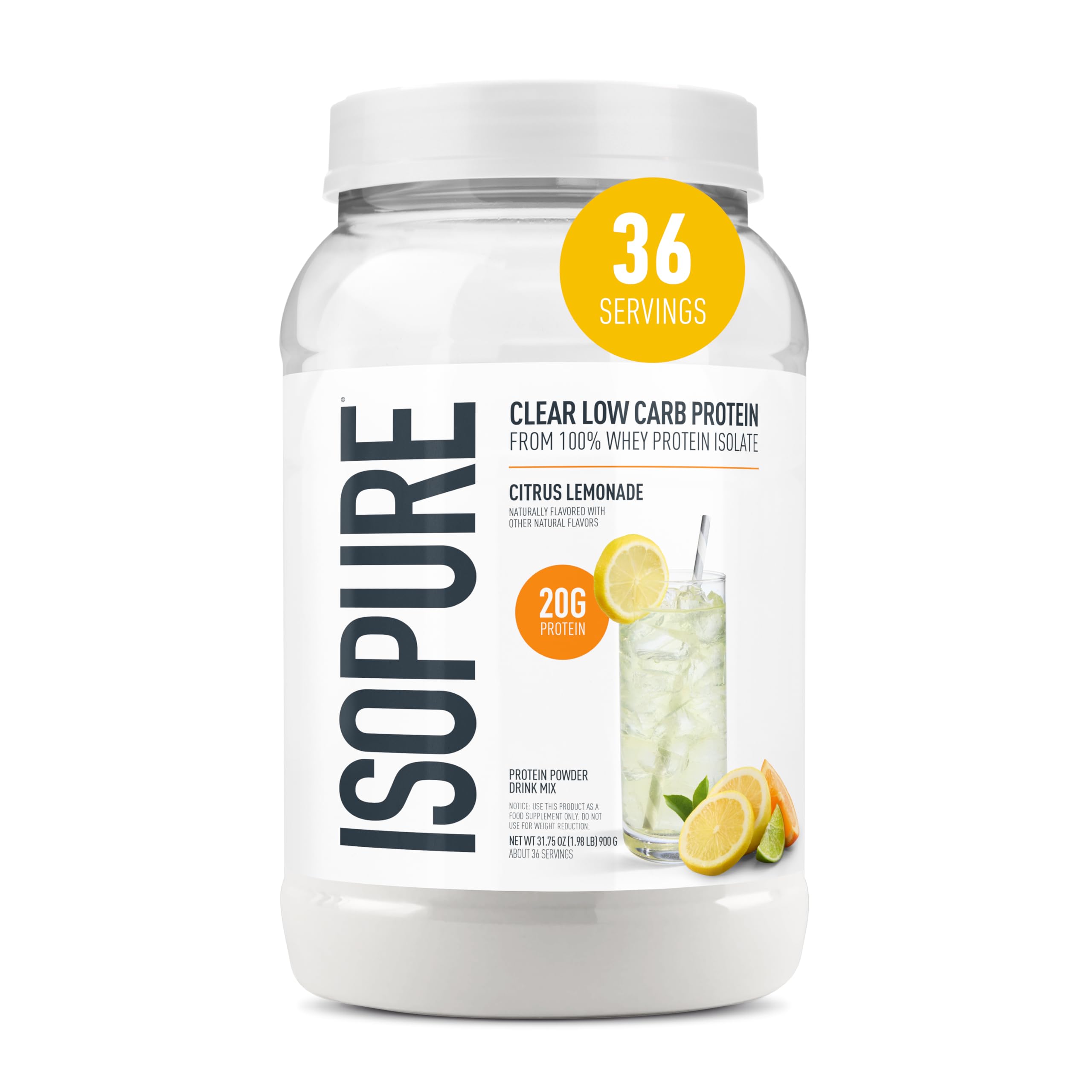 Isopure envase frontal mostrando sabor piña naranja plátano y beneficios claros