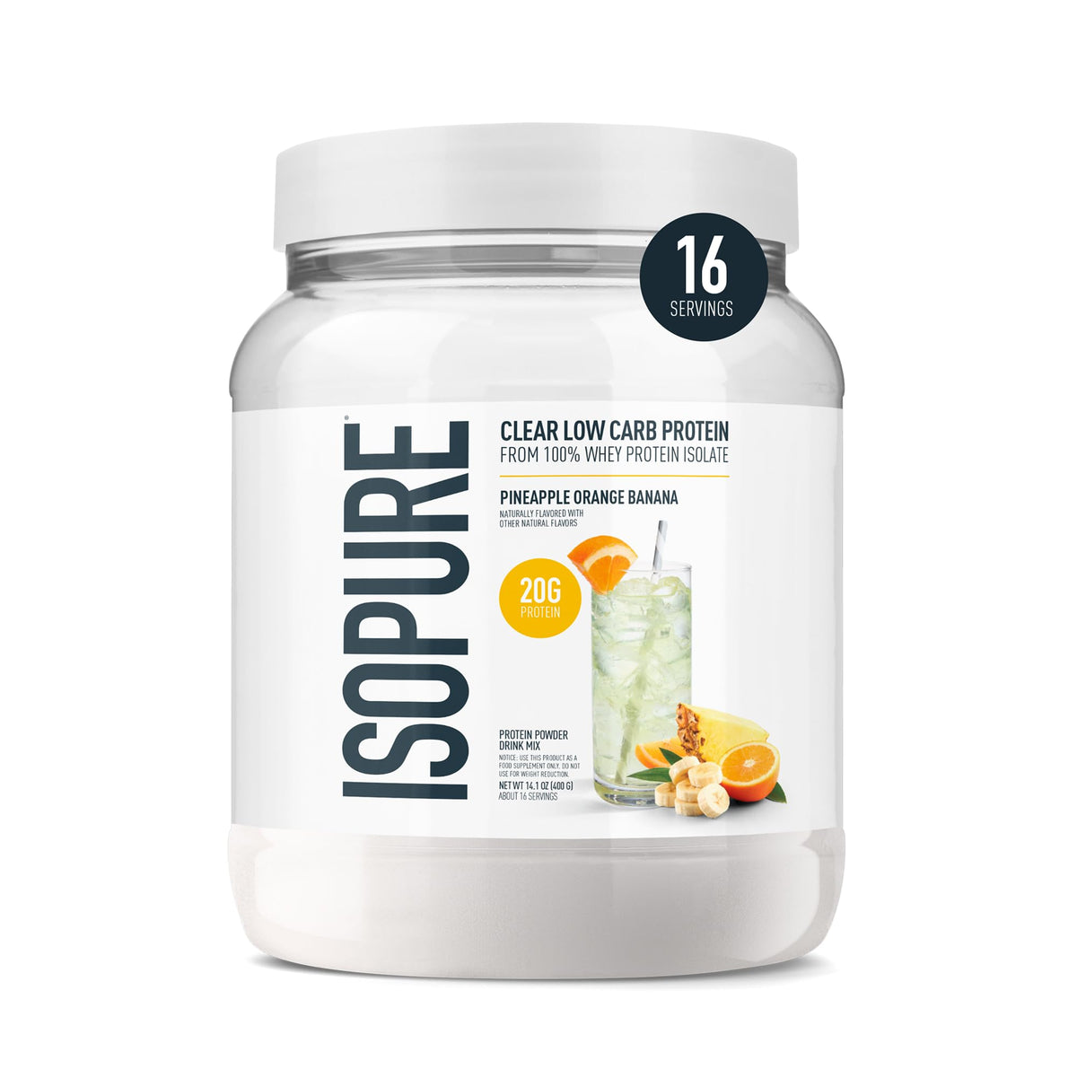 Isopure frente del empaque mostrando sabor piña naranja plátano y beneficio refrescante