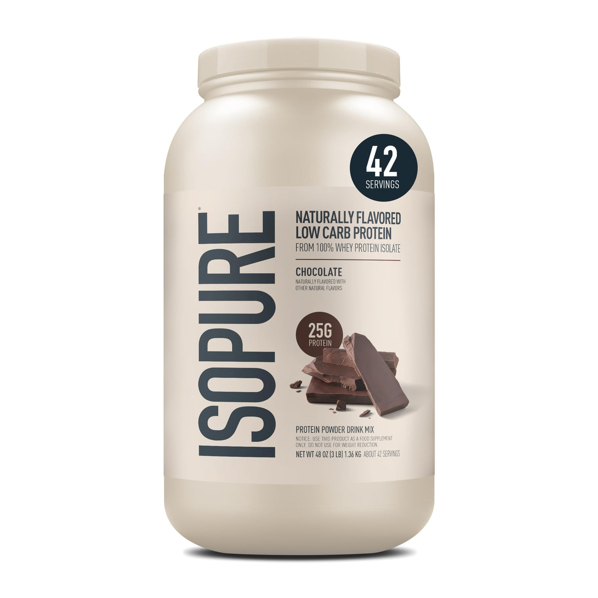 Isopure envase frontal sabor chocolate mostrando tamaño y beneficios proteicos