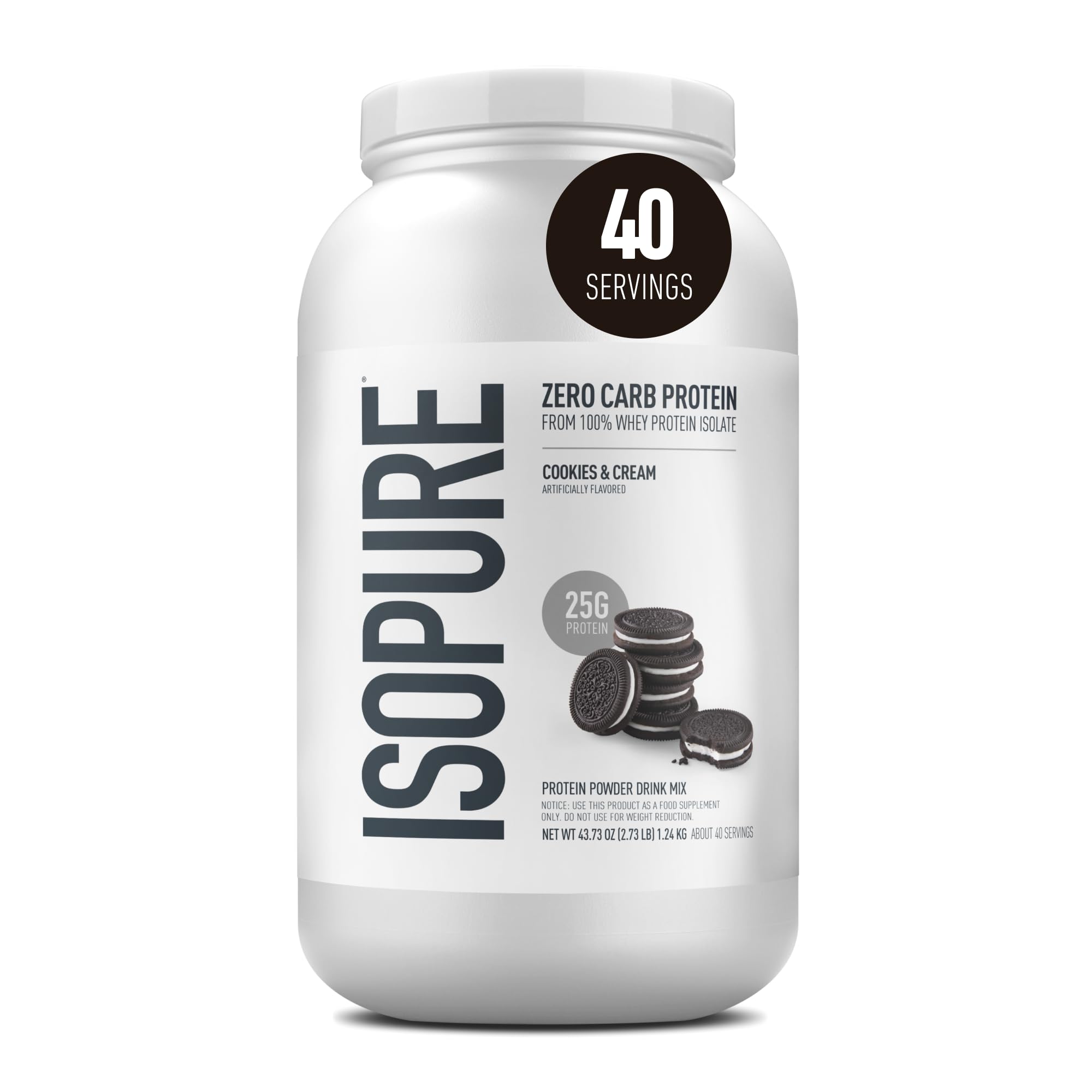 Isopure envase frontal Cookies and Cream muestra etiqueta y beneficio proteína limpia