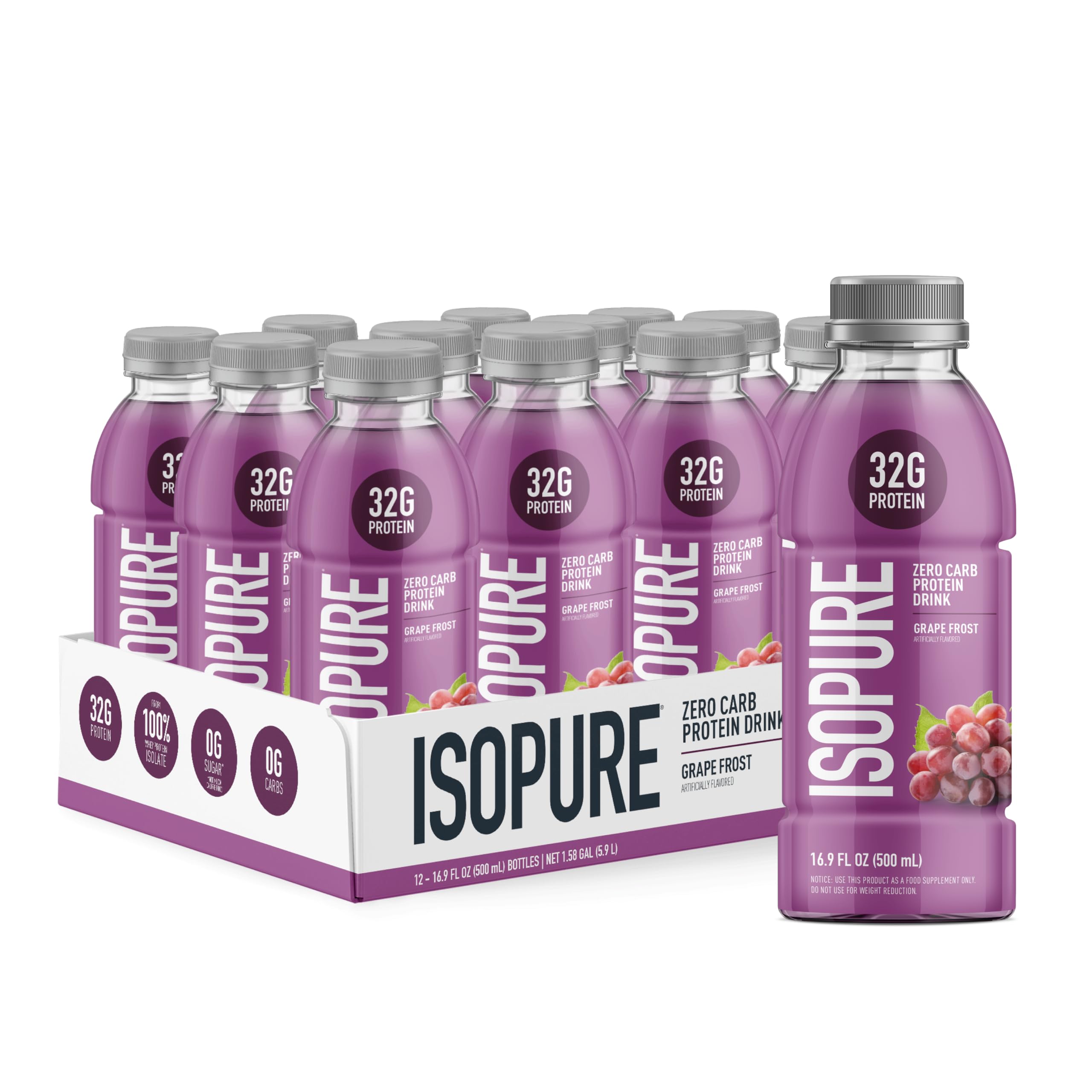 Isopure botella frontal Grape Frost mostrando diseño y beneficio refrescante